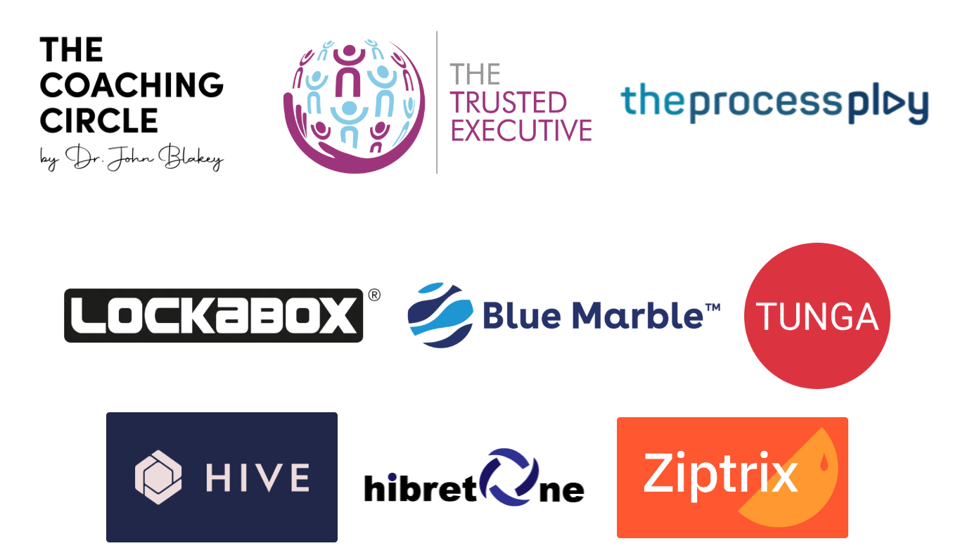 Logos of various companies and organizations, including The Coaching Circle, The Trusted Executive, The Process Play, Lockabox, Blue Marble, Tunga, Hive, Hibretone, and Ziptrix.
