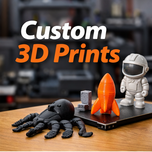 Display of custom 3D printed objects including a black spider, an orange rocket, and a white astronaut figure on a wooden surface with blurred shelves in the background.