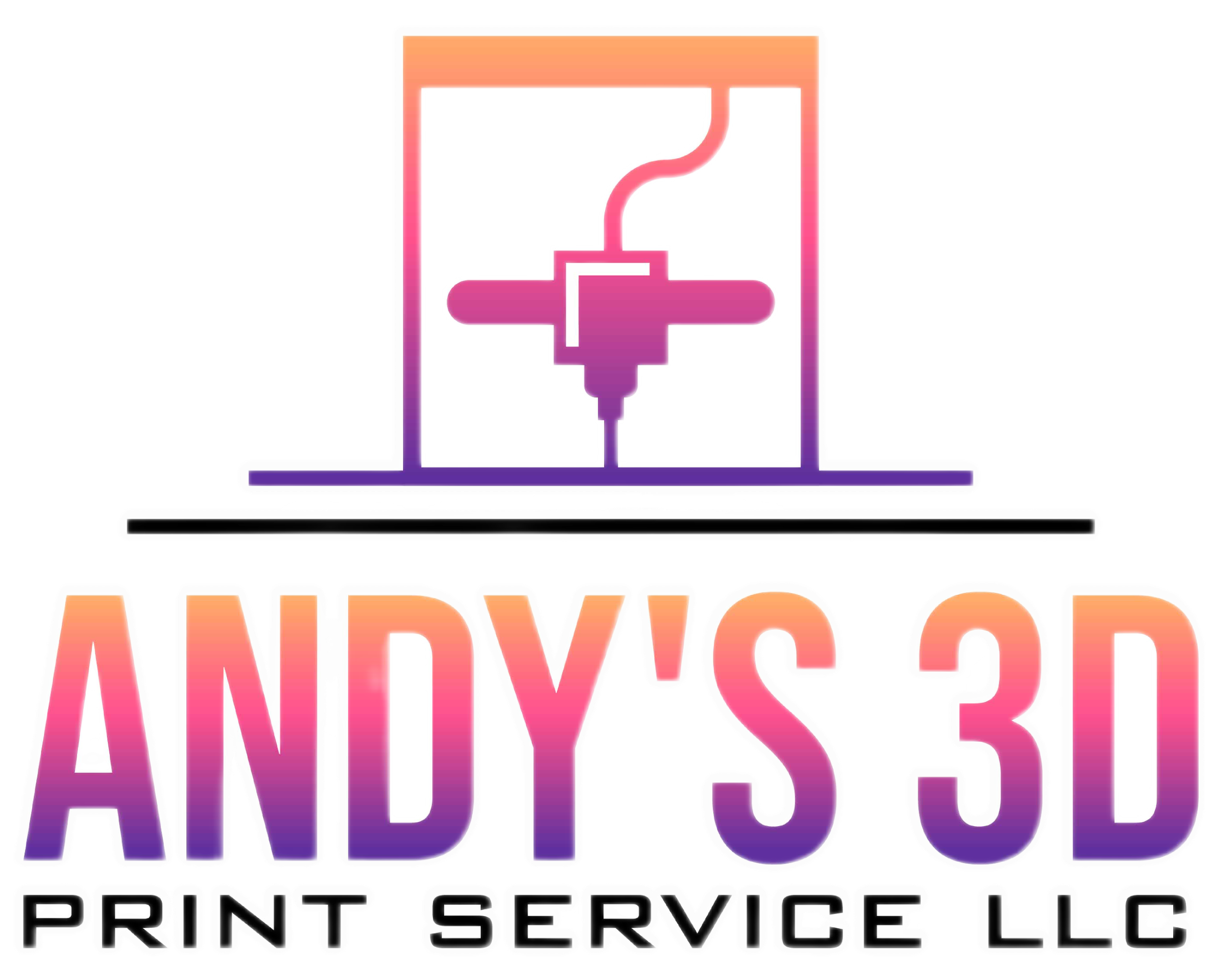 Logo for Andy's 3D Print Service LLC featuring a stylized 3D printer with a pink and purple gradient