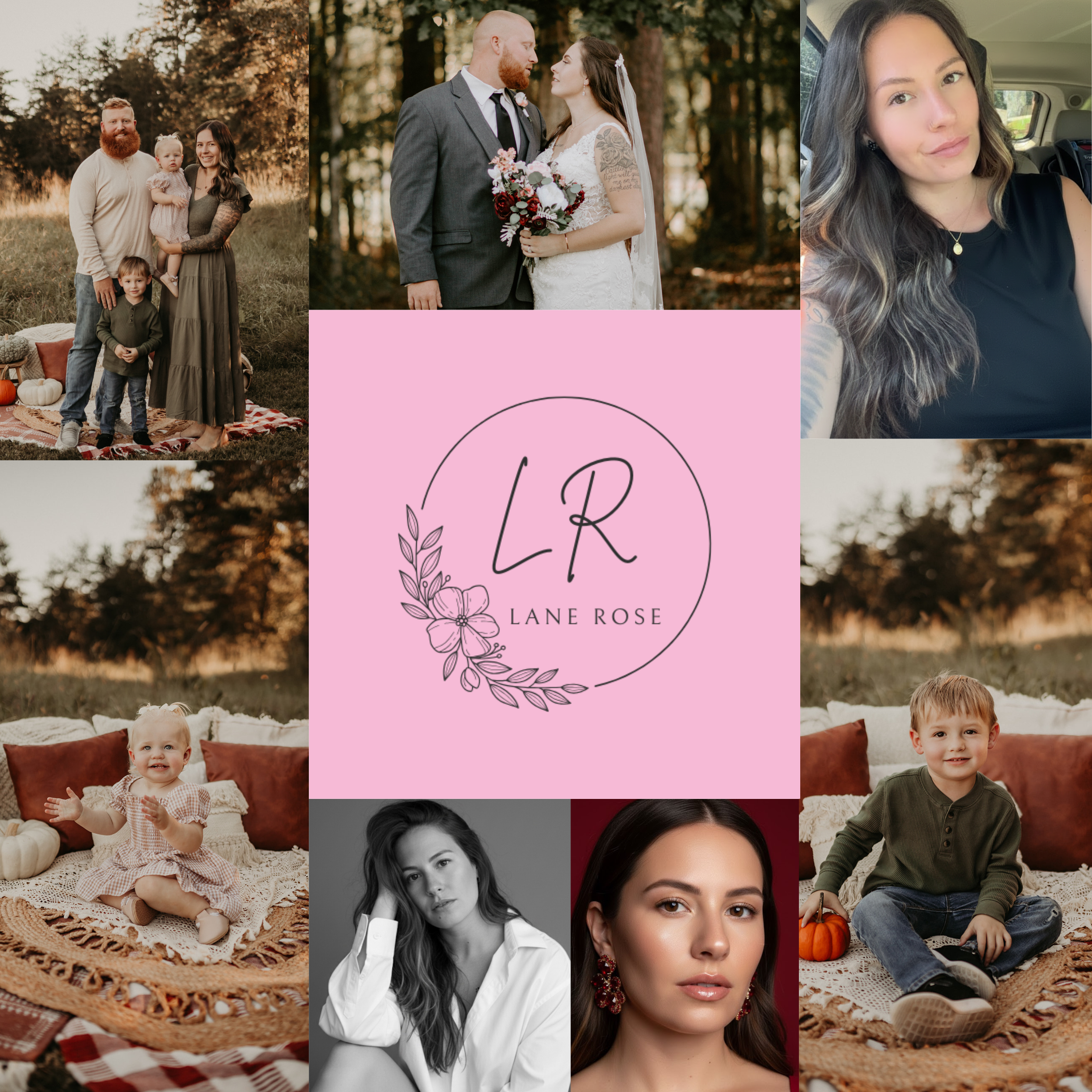 Collage of photos including a family outdoor picnic with pumpkins, a couple in wedding attire in a forest, a woman with wavy brown hair in a car, two young children sitting on a blanket outdoors, a woman with long dark hair in black and white, and a woman with long brown hair in a portrait. Central pink square with a logo reading "LR Lane Rose" with floral design.