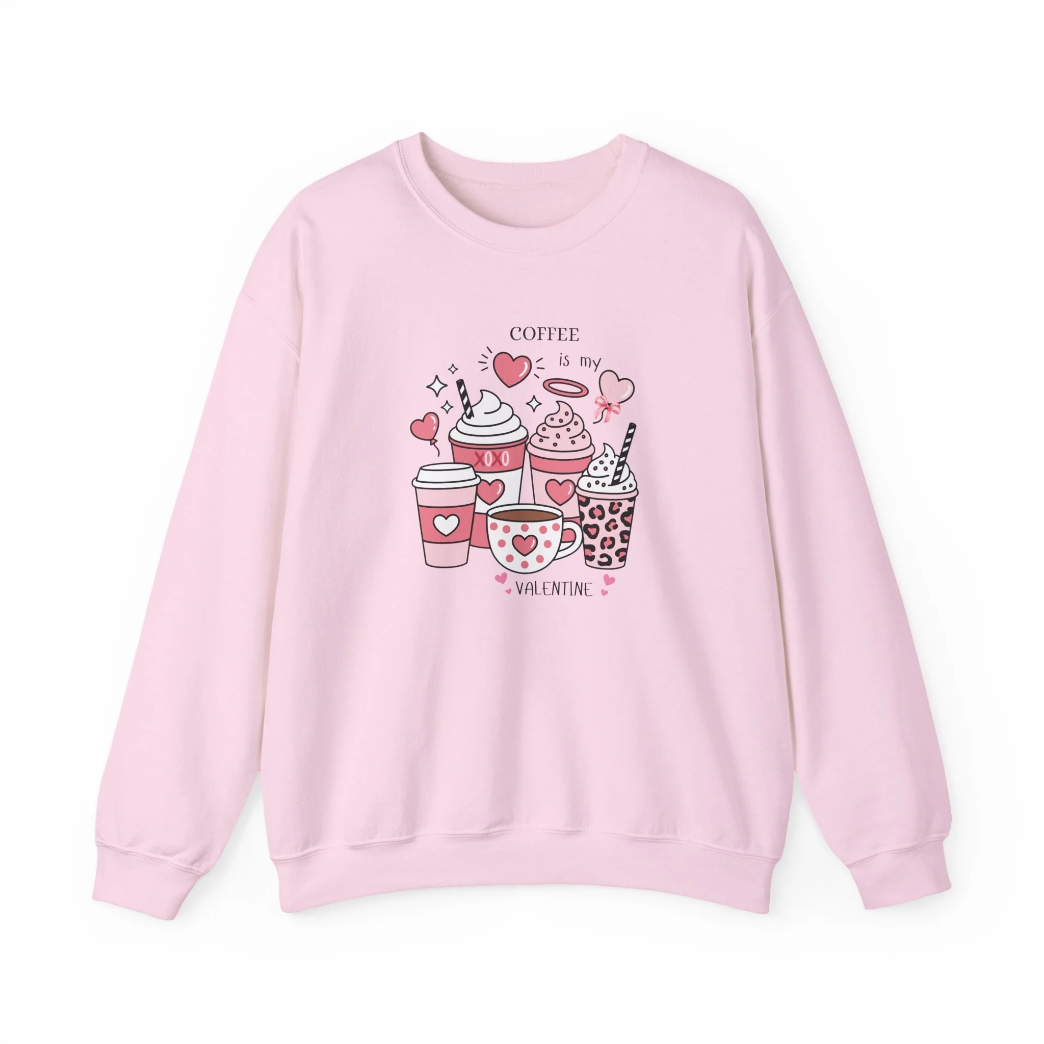 Valentine Coffee Crewneck Sweatshirt — Cute Heart Coffee Cups Print
