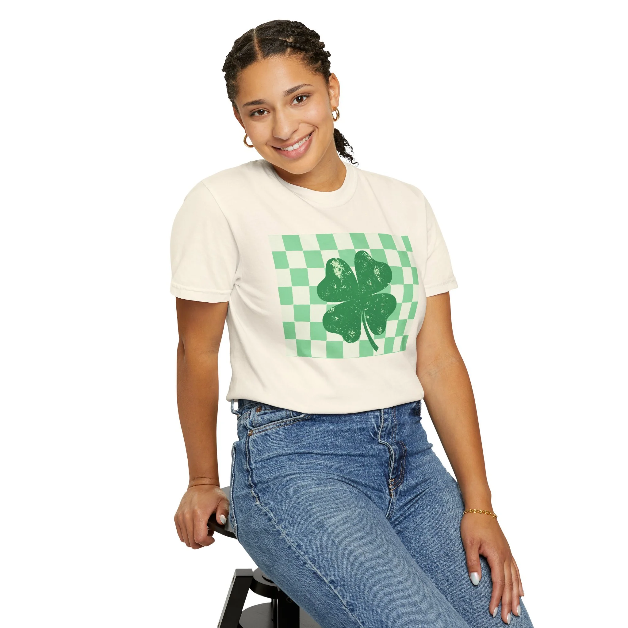Green Checkerboard Shamrock T-Shirt — St. Patrick’s Day Lucky Clover Tee