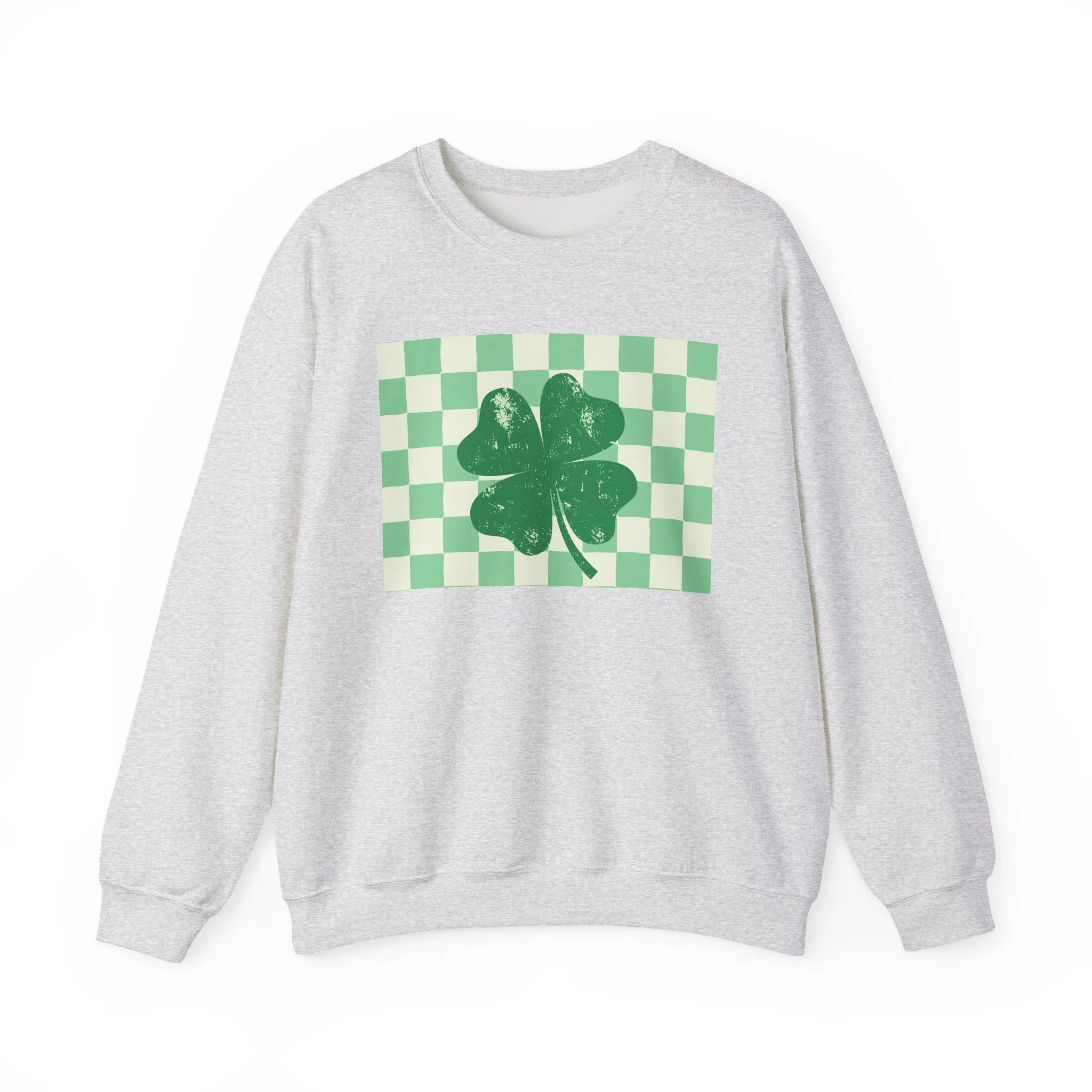 Crewneck Sweatshirt - Vintage Green Four-Leaf Clover on Checkerboard (St. Patrick's Day Lucky Shirt)