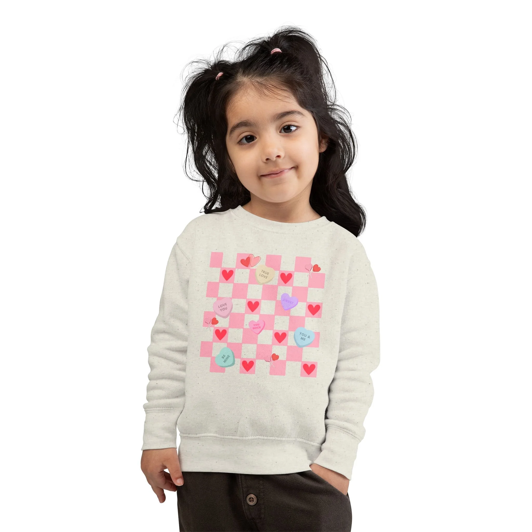 Kids Valentine Checkerboard Sweatshirt — Conversation Heart Pattern