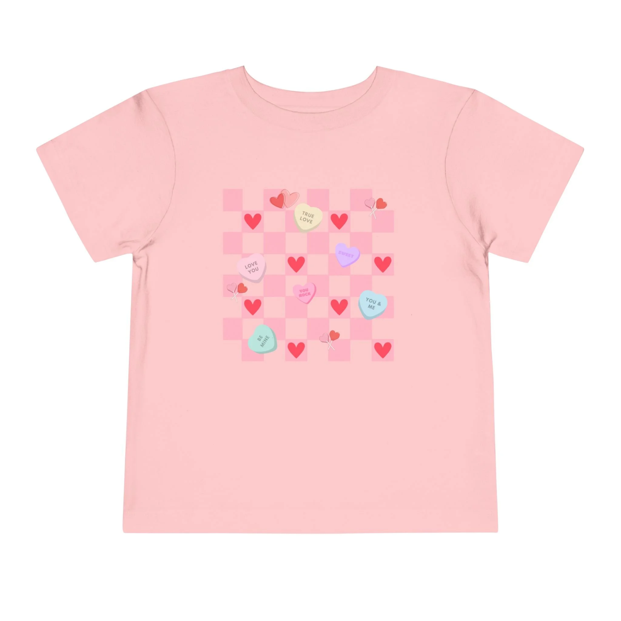 Toddler Tee — Pink Checkerboard with Hearts & Candy Heart Sayings