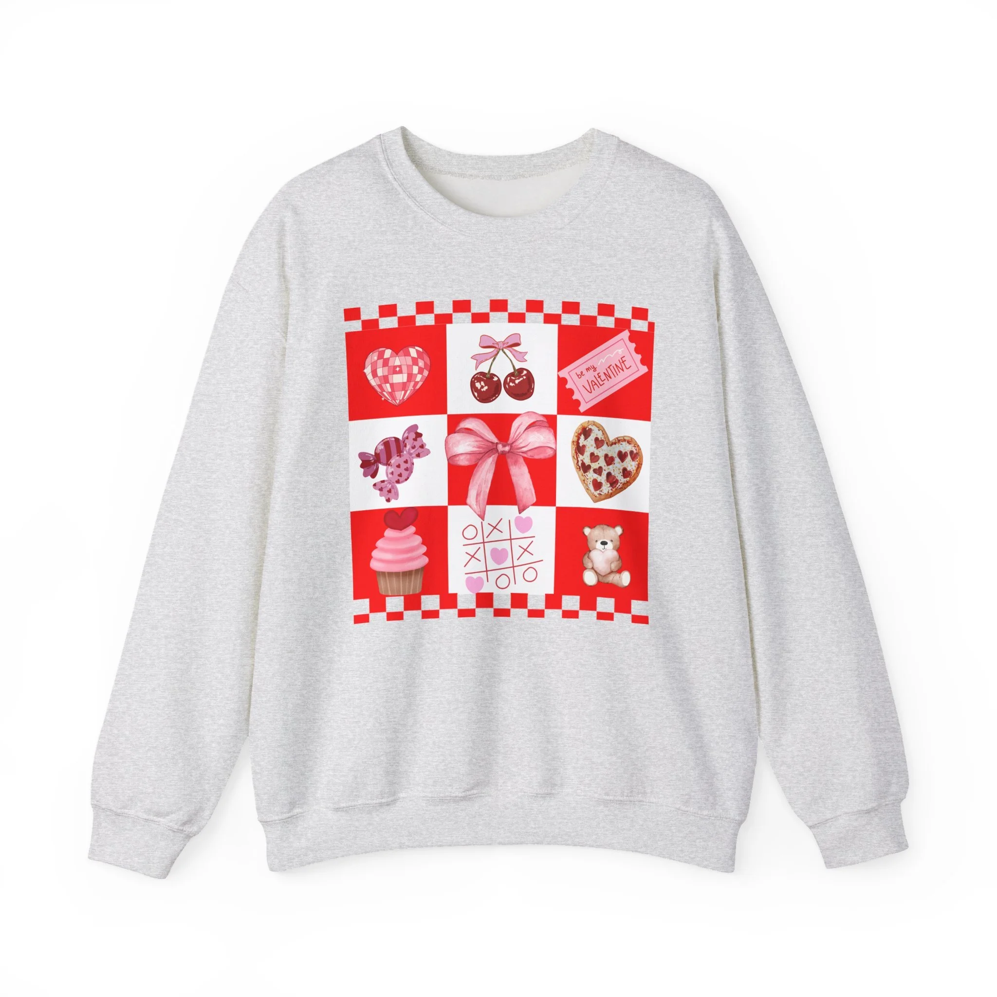 Valentine Patchwork Crewneck Sweatshirt — Cute Hearts, Cherries & XO Graphic