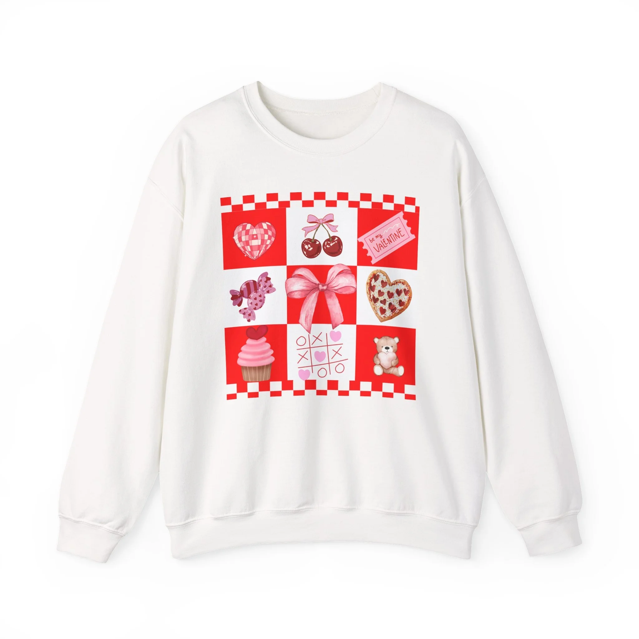 Valentine Patchwork Crewneck Sweatshirt — Cute Hearts, Cherries & XO Graphic