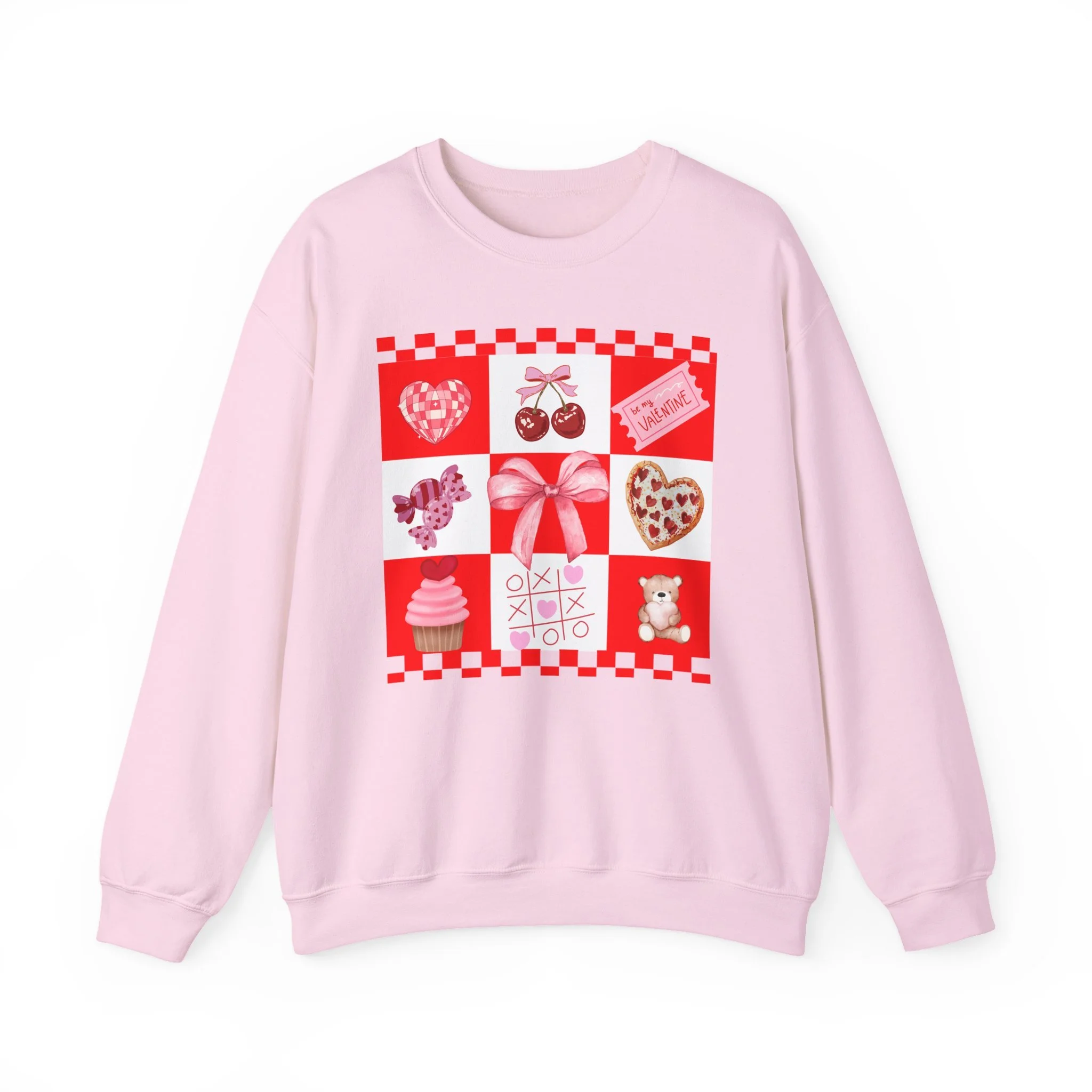 Valentine Patchwork Crewneck Sweatshirt — Cute Hearts, Cherries & XO Graphic