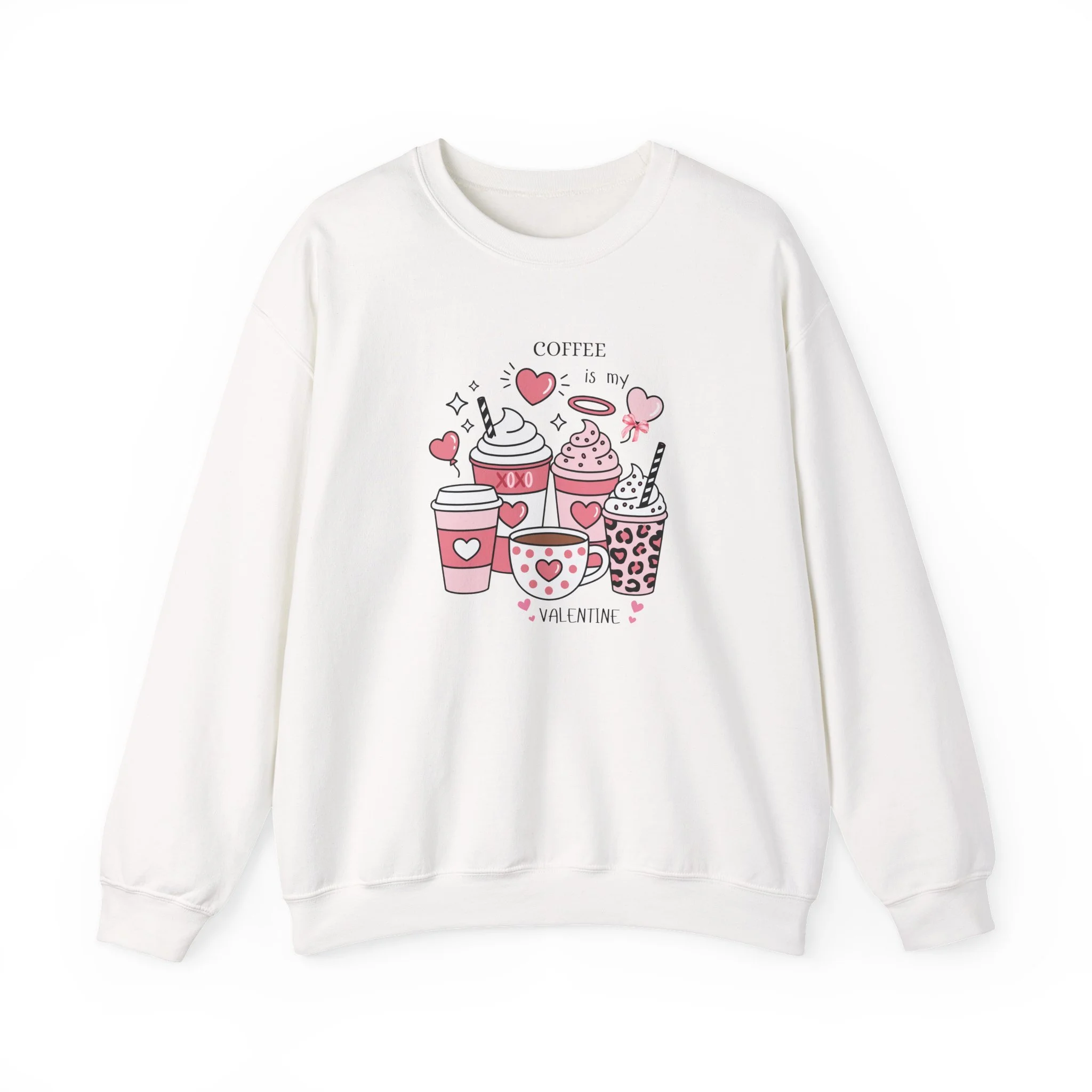 Valentine Coffee Crewneck Sweatshirt — Cute Heart Coffee Cups Print