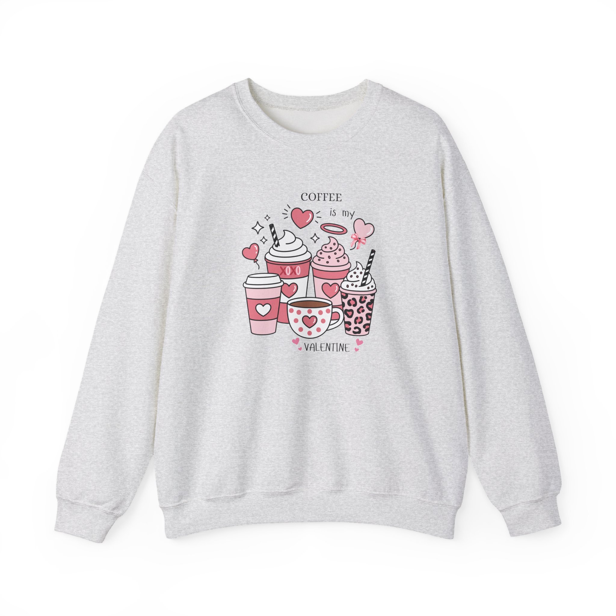 Valentine Coffee Crewneck Sweatshirt — Cute Heart Coffee Cups Print