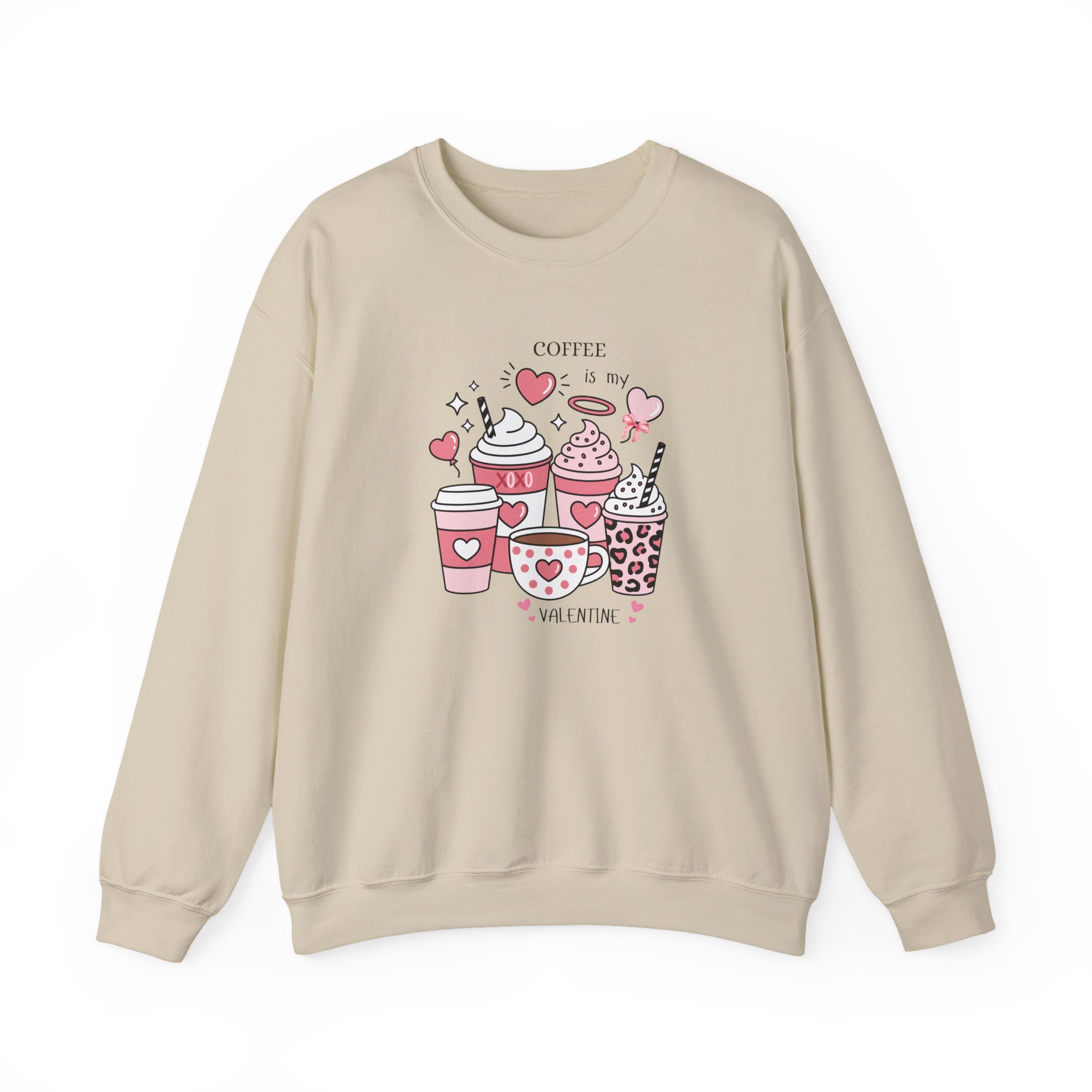 Valentine Coffee Crewneck Sweatshirt — Cute Heart Coffee Cups Print