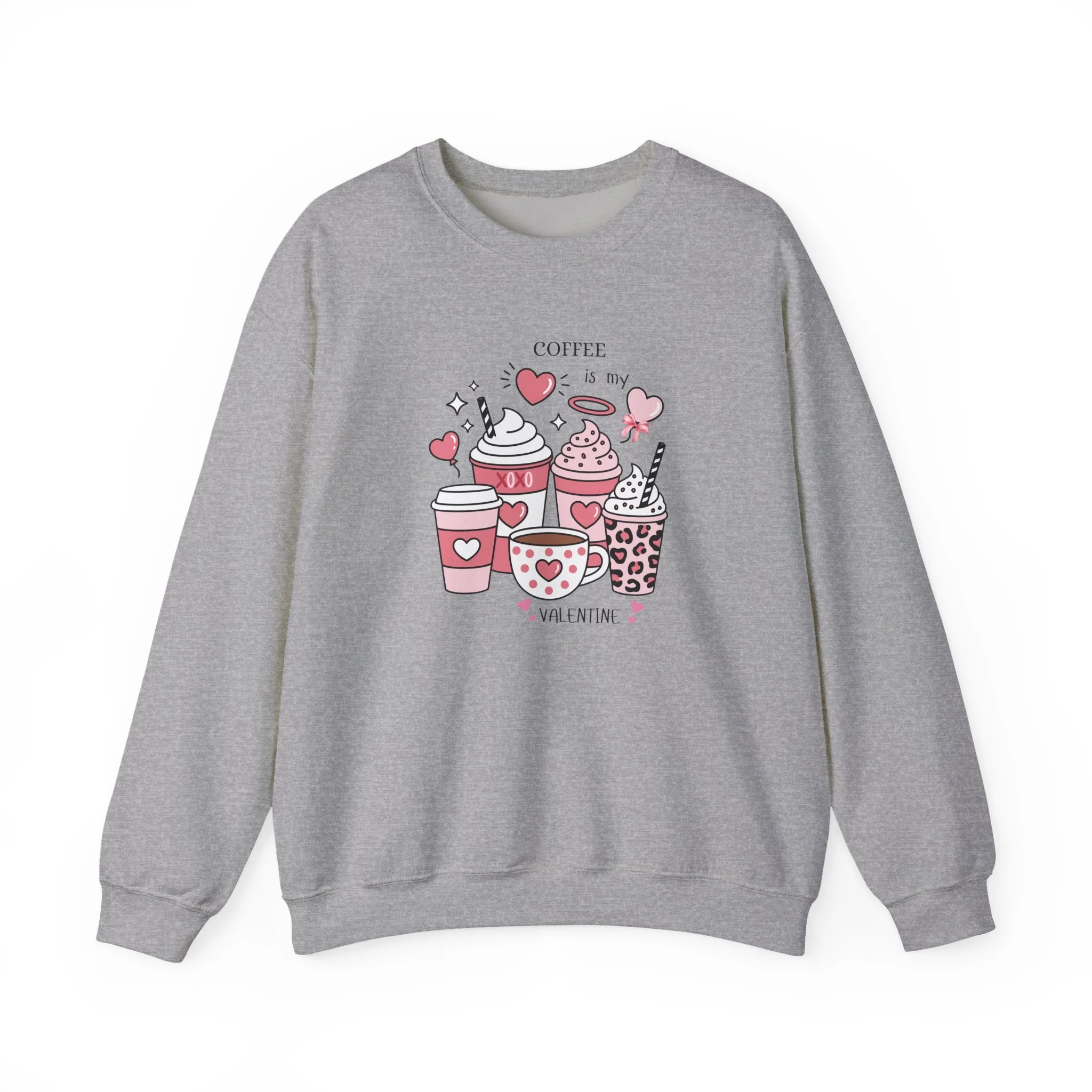 Valentine Coffee Crewneck Sweatshirt — Cute Heart Coffee Cups Print