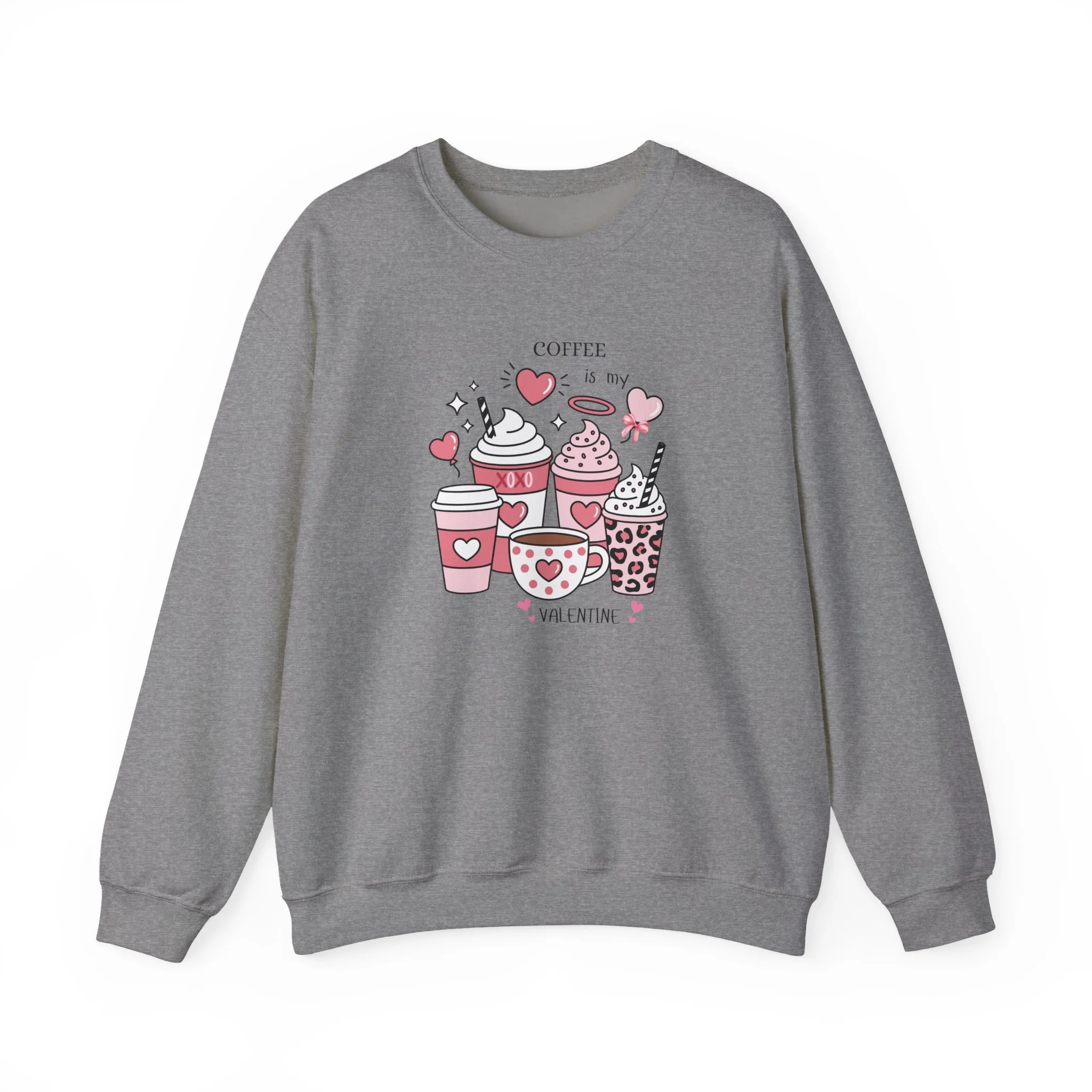 Valentine Coffee Crewneck Sweatshirt — Cute Heart Coffee Cups Print