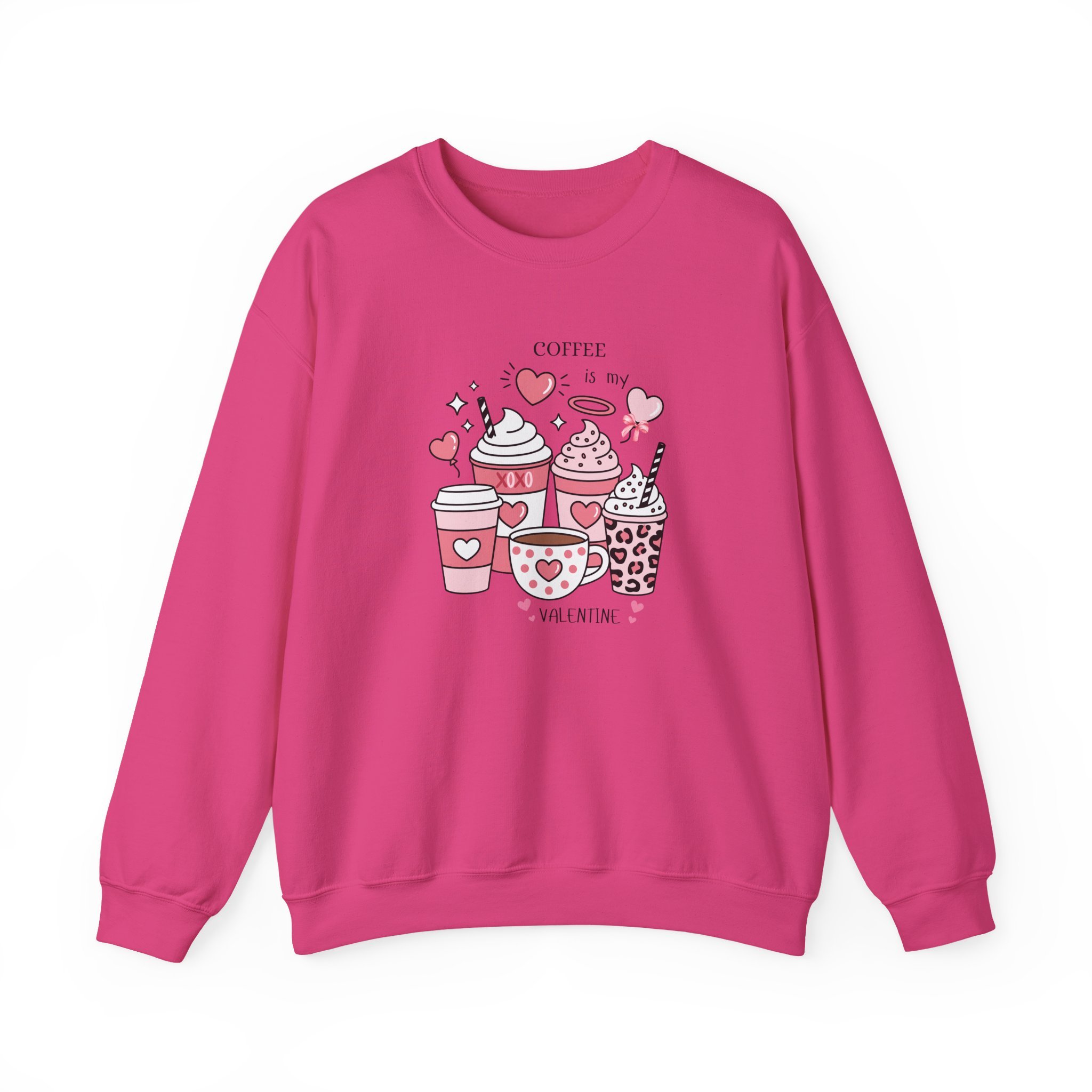 Valentine Coffee Crewneck Sweatshirt — Cute Heart Coffee Cups Print