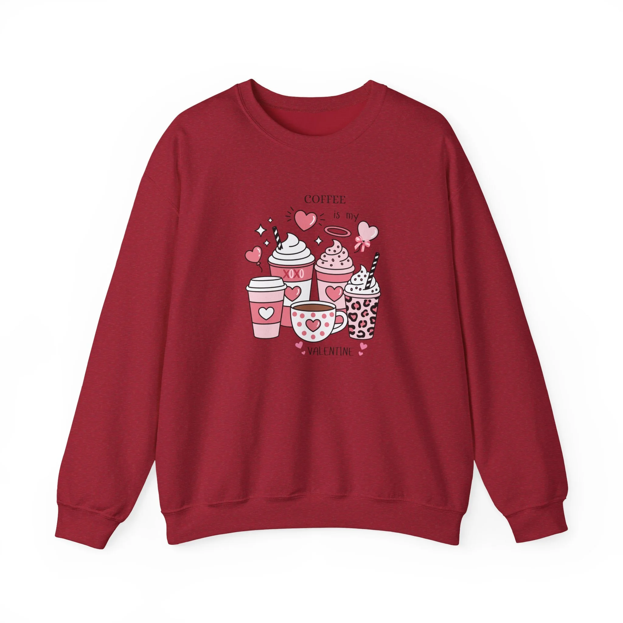 Valentine Coffee Crewneck Sweatshirt — Cute Heart Coffee Cups Print