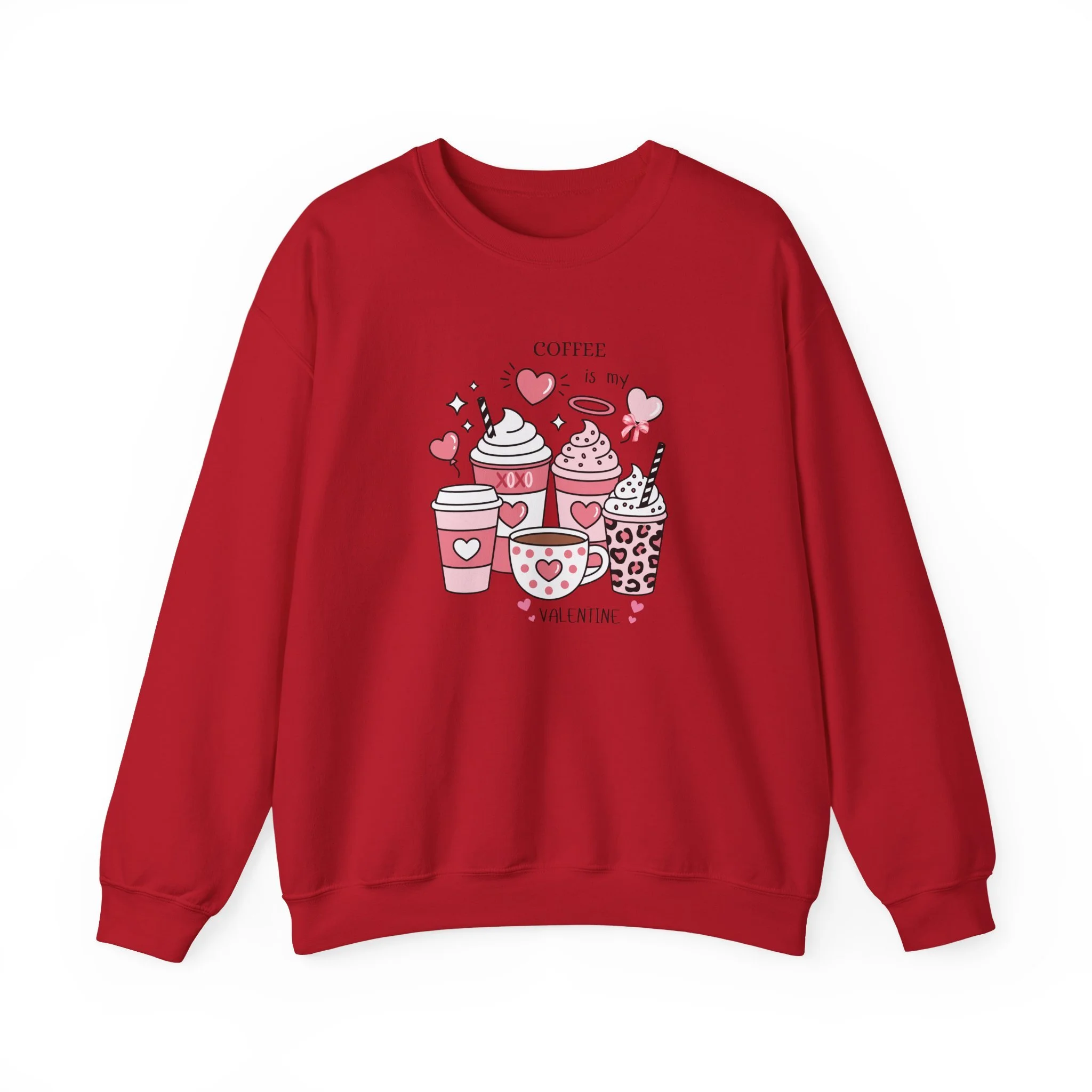 Valentine Coffee Crewneck Sweatshirt — Cute Heart Coffee Cups Print