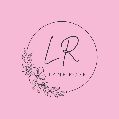 Pink background with a minimalist logo for Lane Rose, featuring the initials "L R" inside a circle, adorned with a floral illustration.
