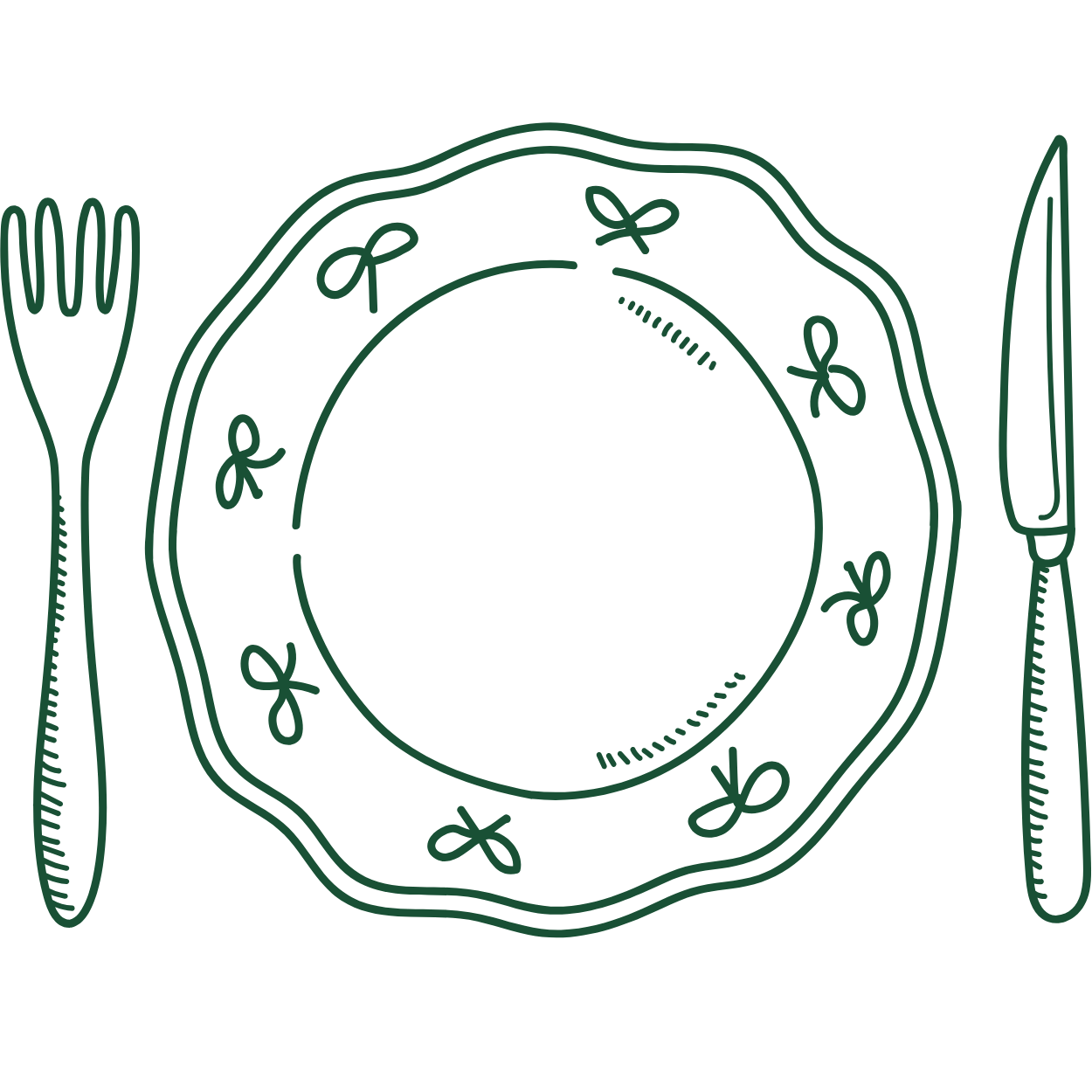 Line drawing of a place setting with a plate, fork on the left, knife on the right, on a black background.