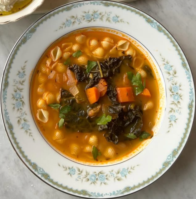 Bowl of vegetable soup with pasta, carrots, dark leafy greens, and herbs in a decorative white bowl.