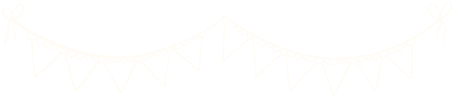 A line of string banners with tassels and triangular pennants hanging, tied to two points, against a black background.