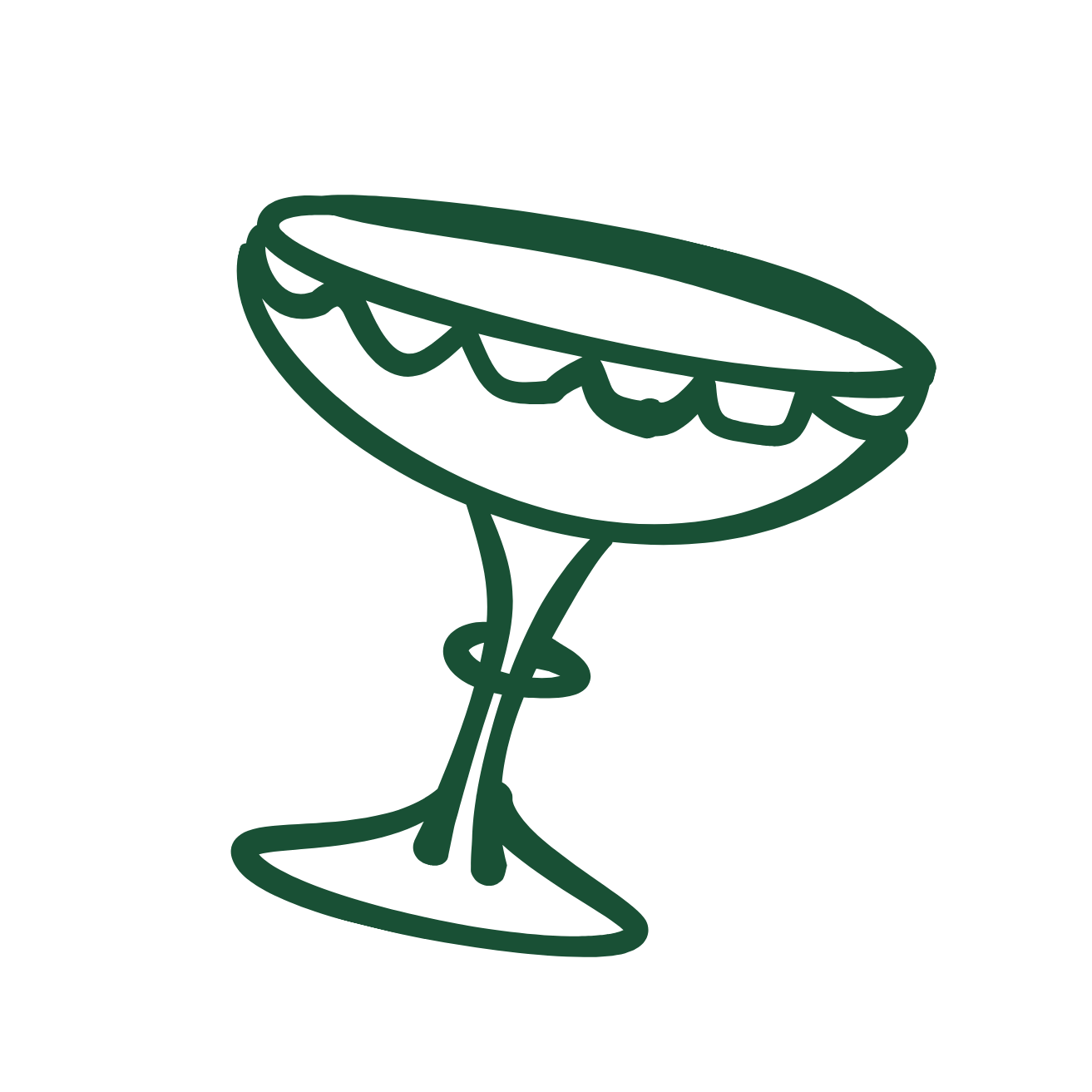 Simple green line drawing of a cocktail glass with a slice of lemon or lime on the rim.