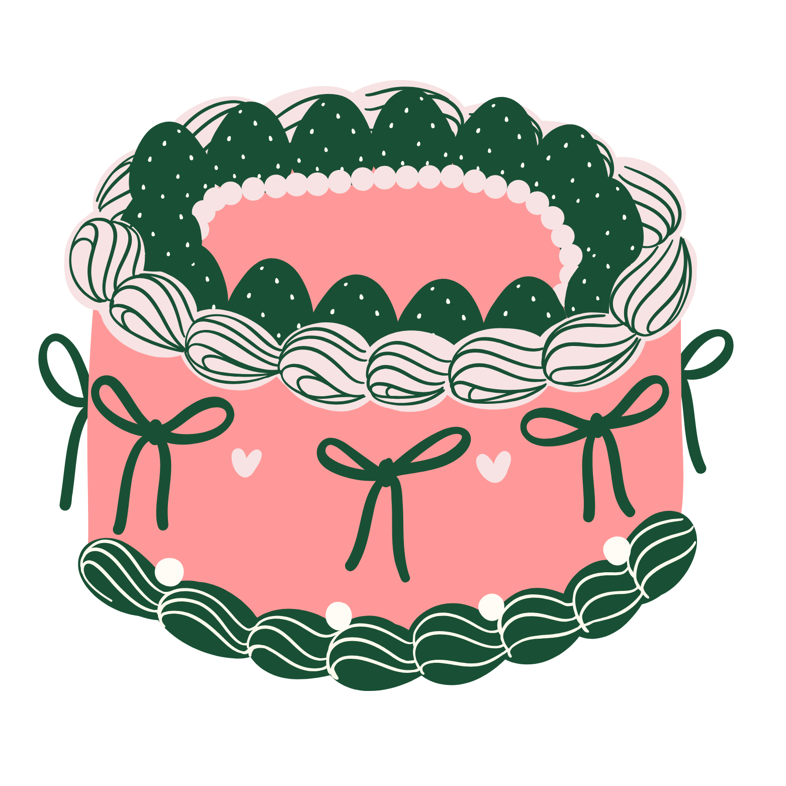 A decorated pink birthday cake with green icing and white details, topped with strawberries and whipped cream.