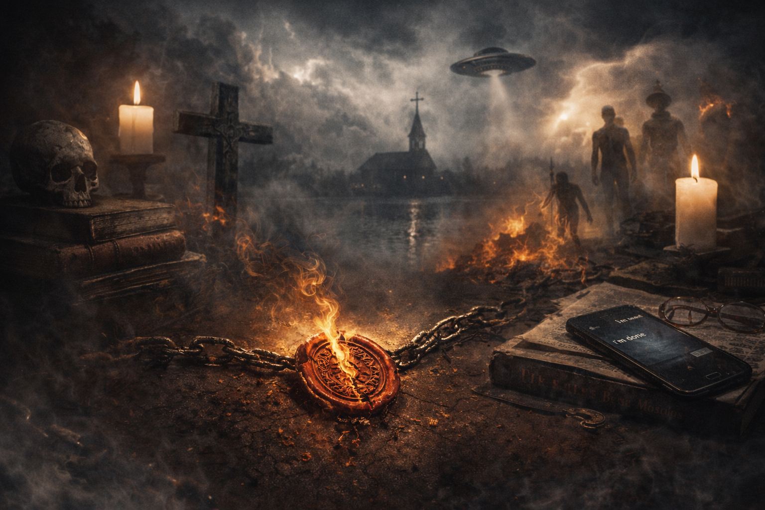 A dark, apocalyptic scene with burning chains, candles, skull, cross, UFO, and figures in the background, evoking a supernatural or end-times theme.