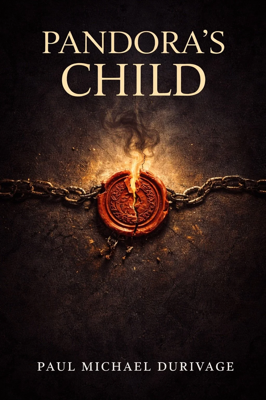 Book cover titled "Pandora's Child" by Paul Michael Durivage. The cover features a broken, glowing Pandora's box with smoke emerging from it, chained to a dark textured background.