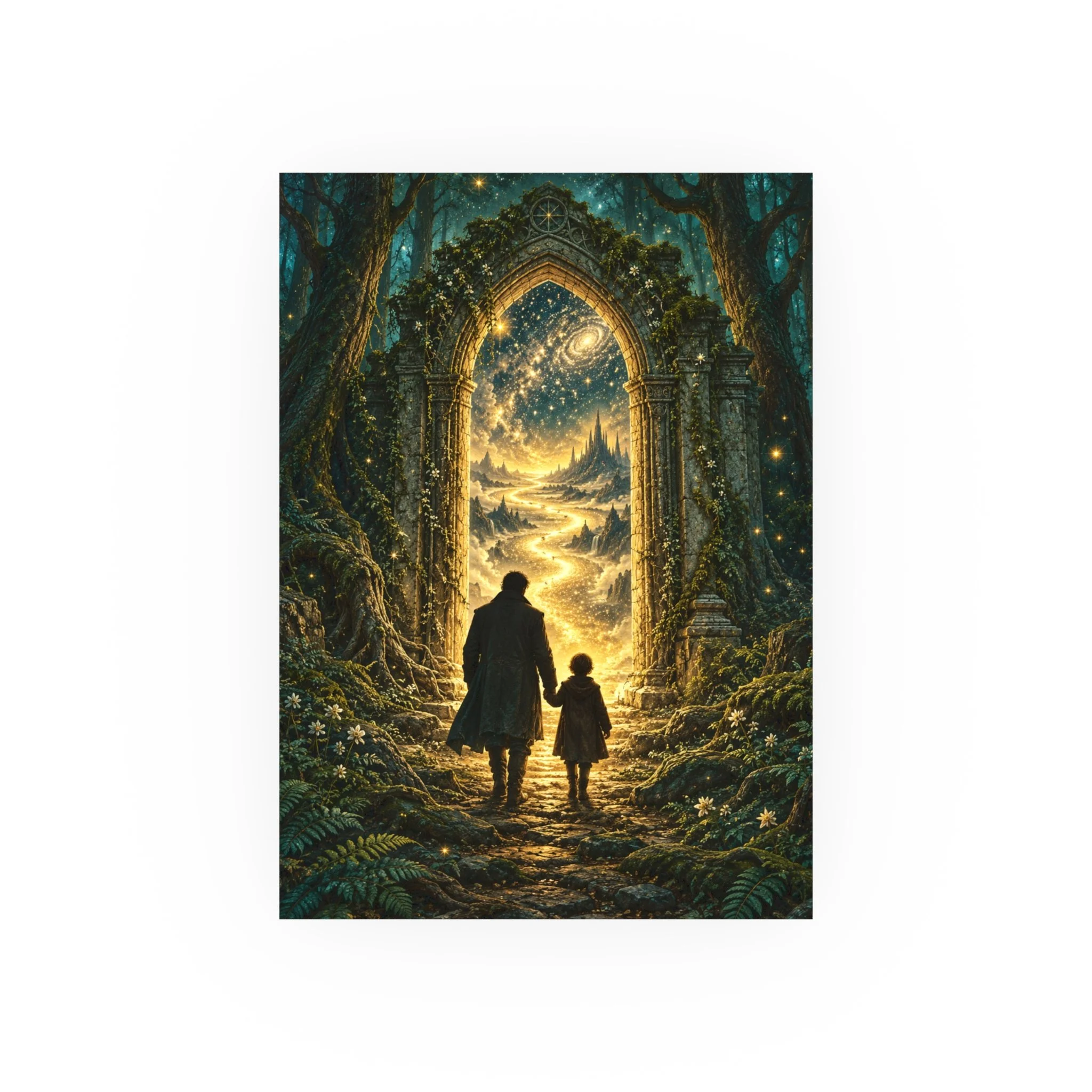 Pandora’s Child Star River 5 × 7 art print, featuring a father and child at a doorway opening onto a river of stars; product view 1.