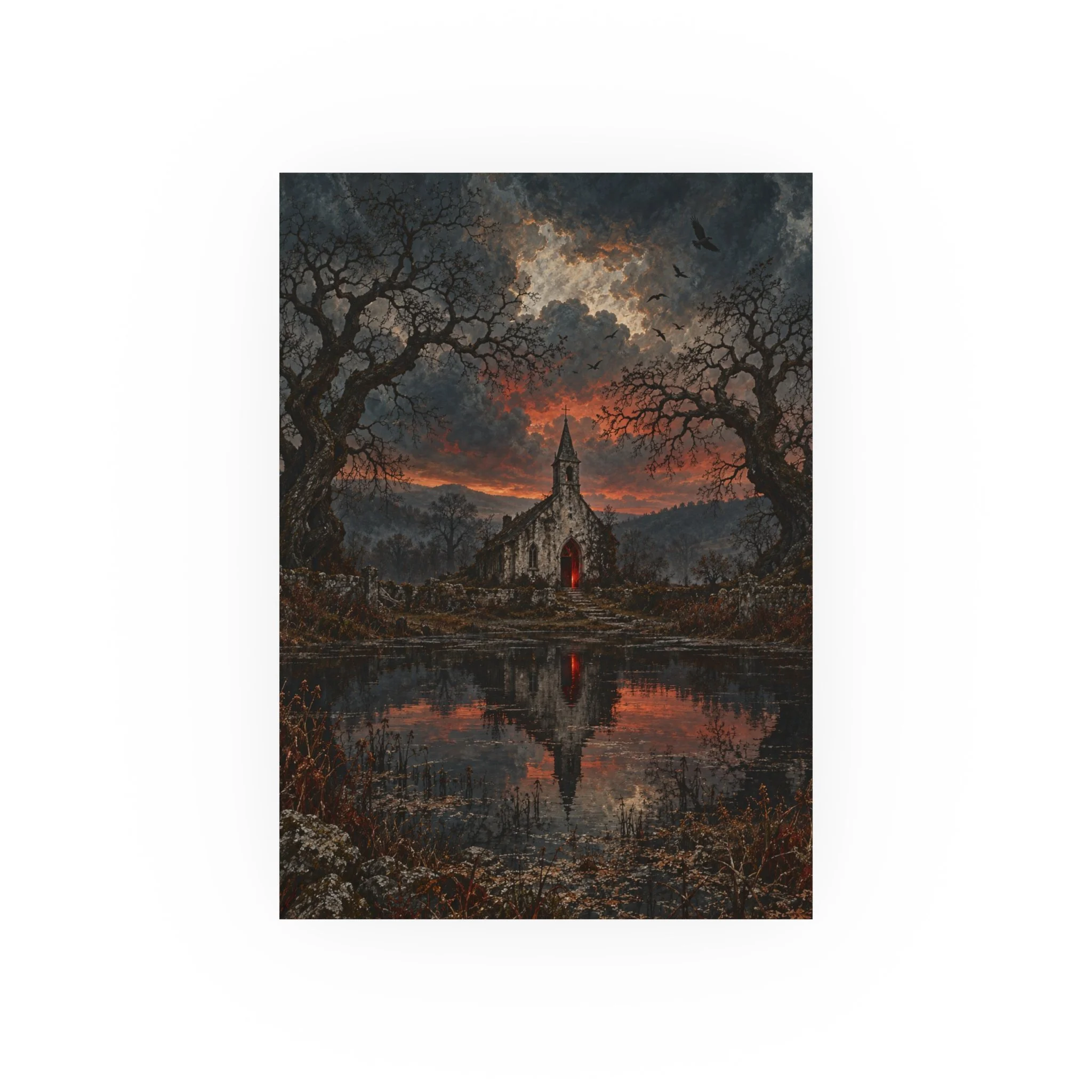 The Crossing Red Door 5 × 7 art print, featuring a red doorway, storm-dark church and water reflection; product view 1.