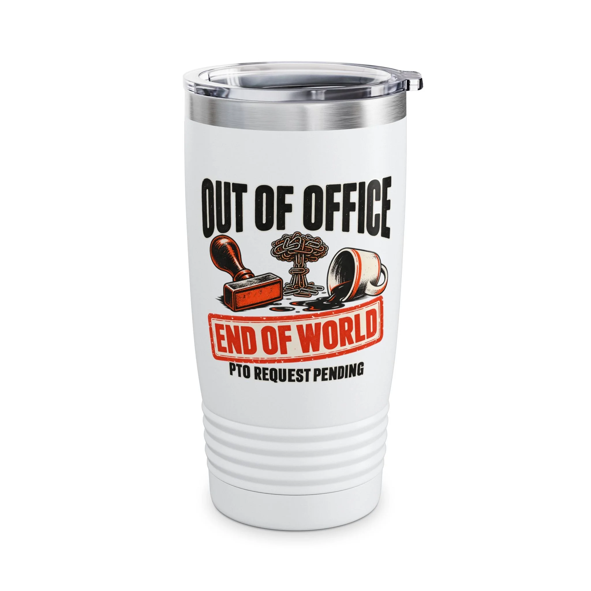 Out of Office, End of World 20 oz insulated tumbler with the original printed design; product view 2.