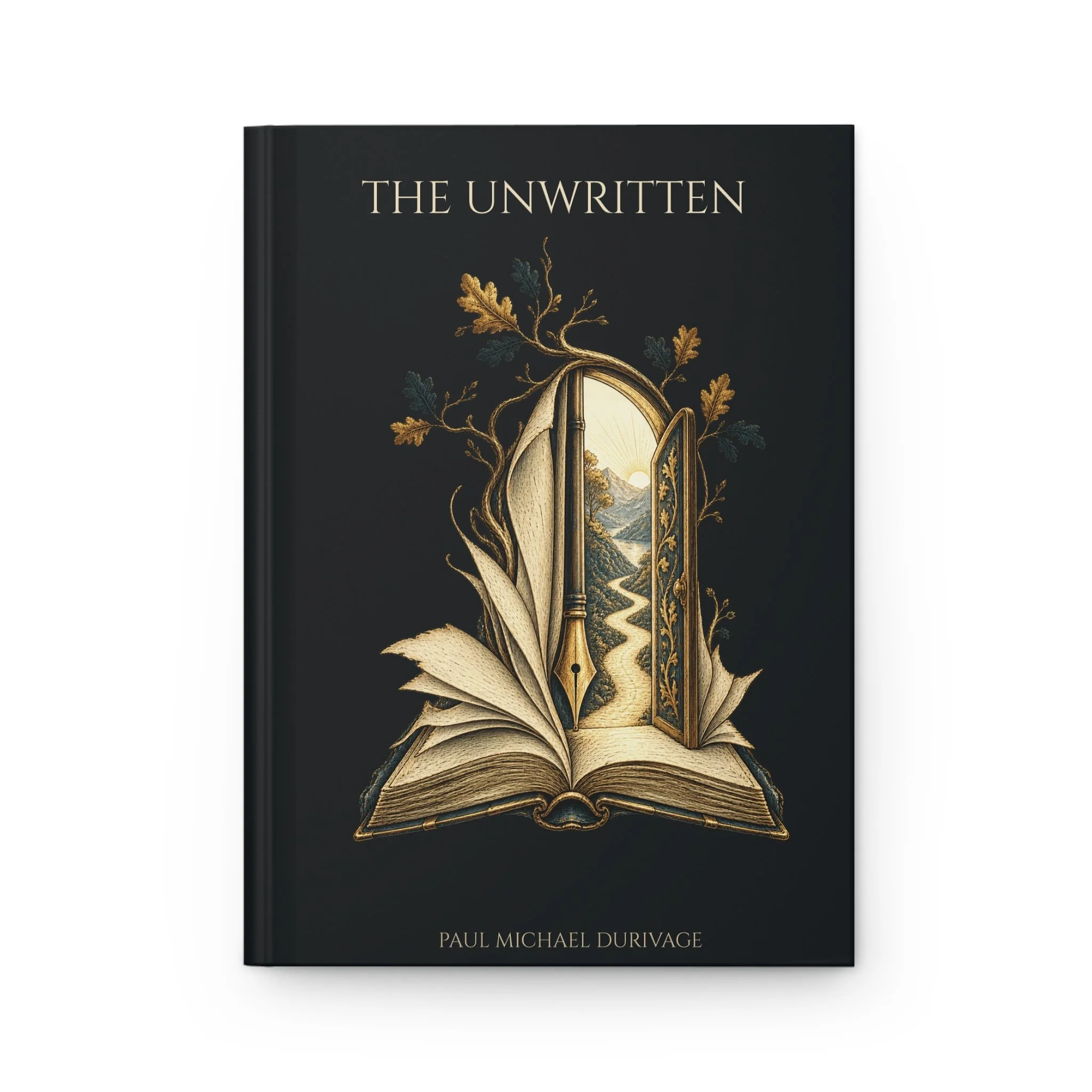 The Unwritten hardcover lined writing journal front, with original book-and-doorway artwork, title and Paul Michael Durivage author credit.