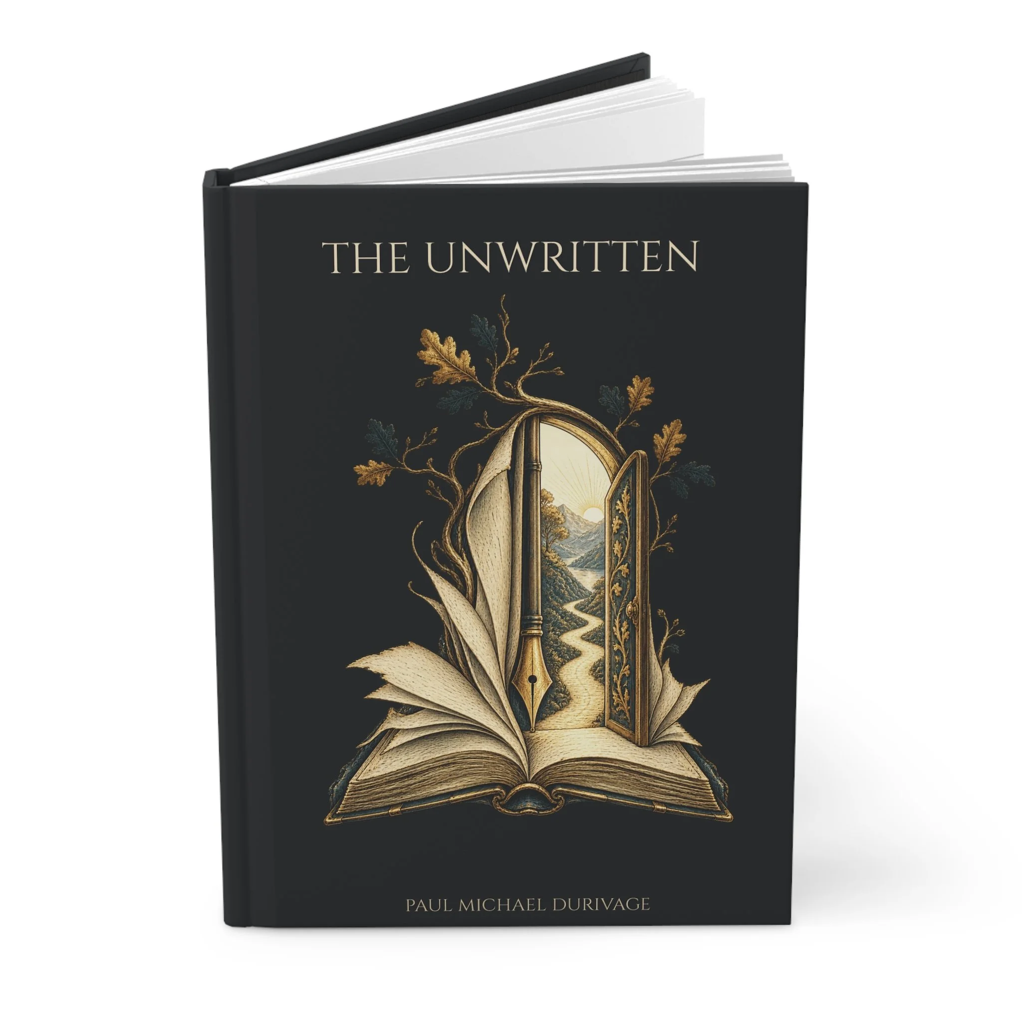 The Unwritten hardcover lined writing journal opened, showing the original front cover and casewrap binding.