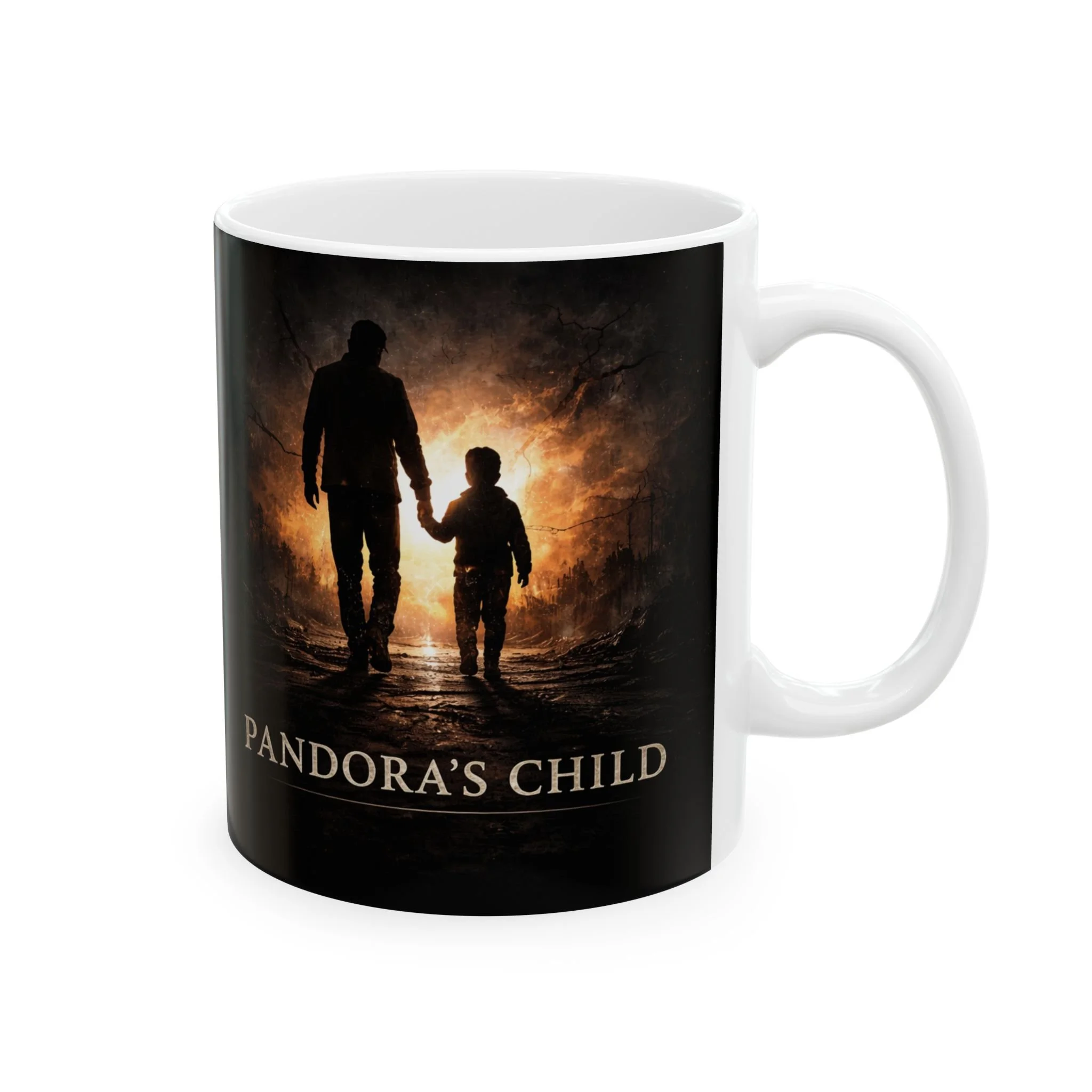 Pandora’s Child Forest Portal 11 oz ceramic mug, title side with father-and-child artwork and white handle.