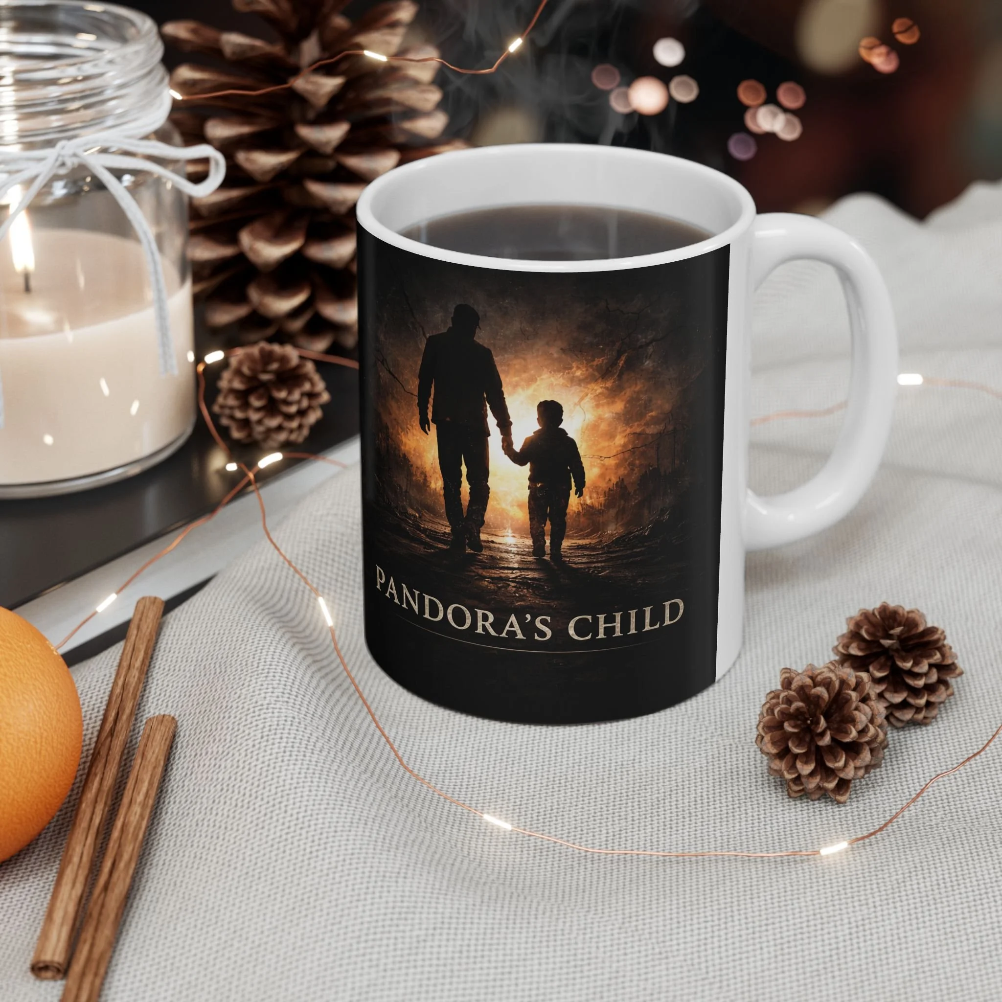 Pandora’s Child Forest Portal 11 oz mug in the supplier pinecone, candle and linen setting; props are not included.