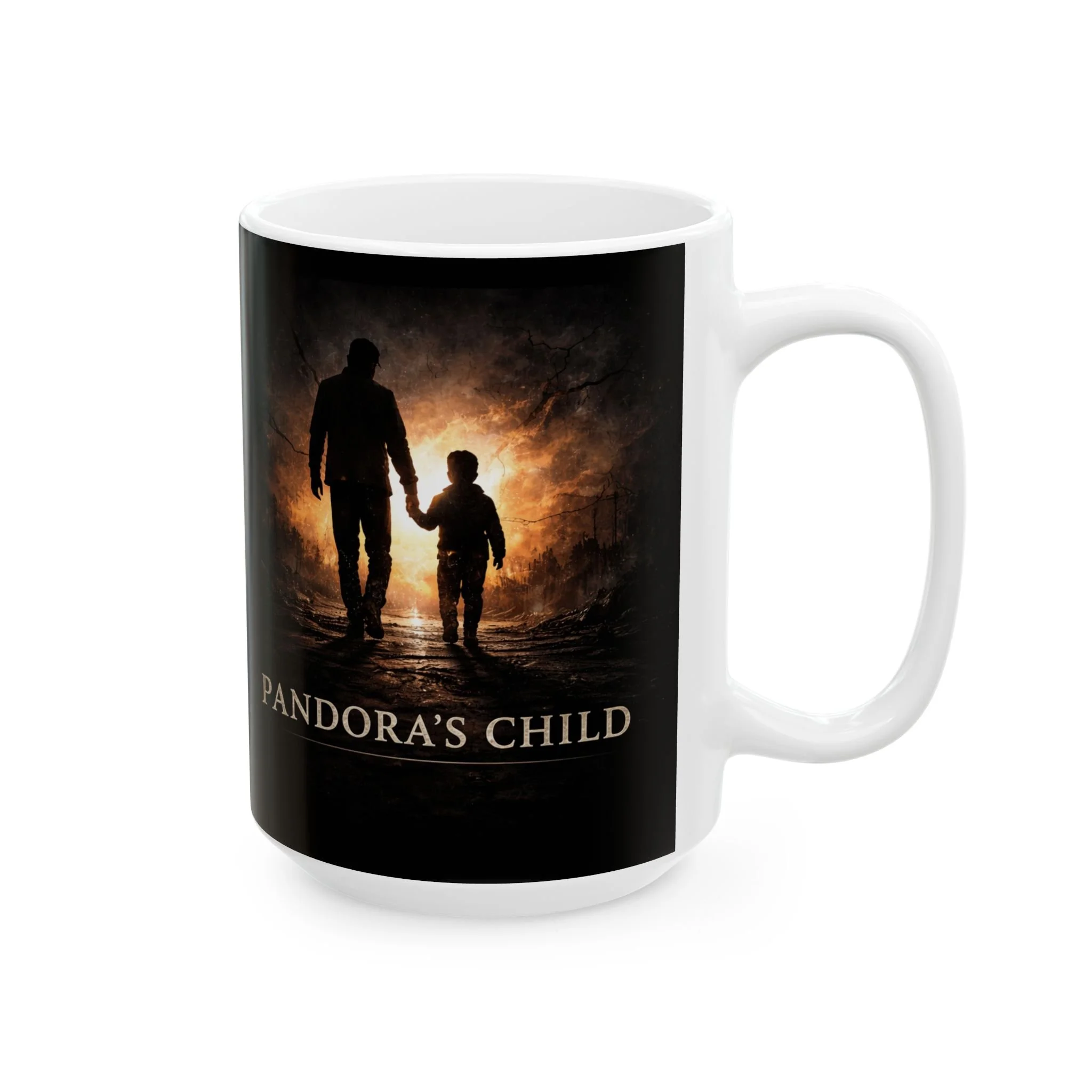 Pandora’s Child Forest Portal 15 oz ceramic mug, title side with father-and-child artwork and white handle.
