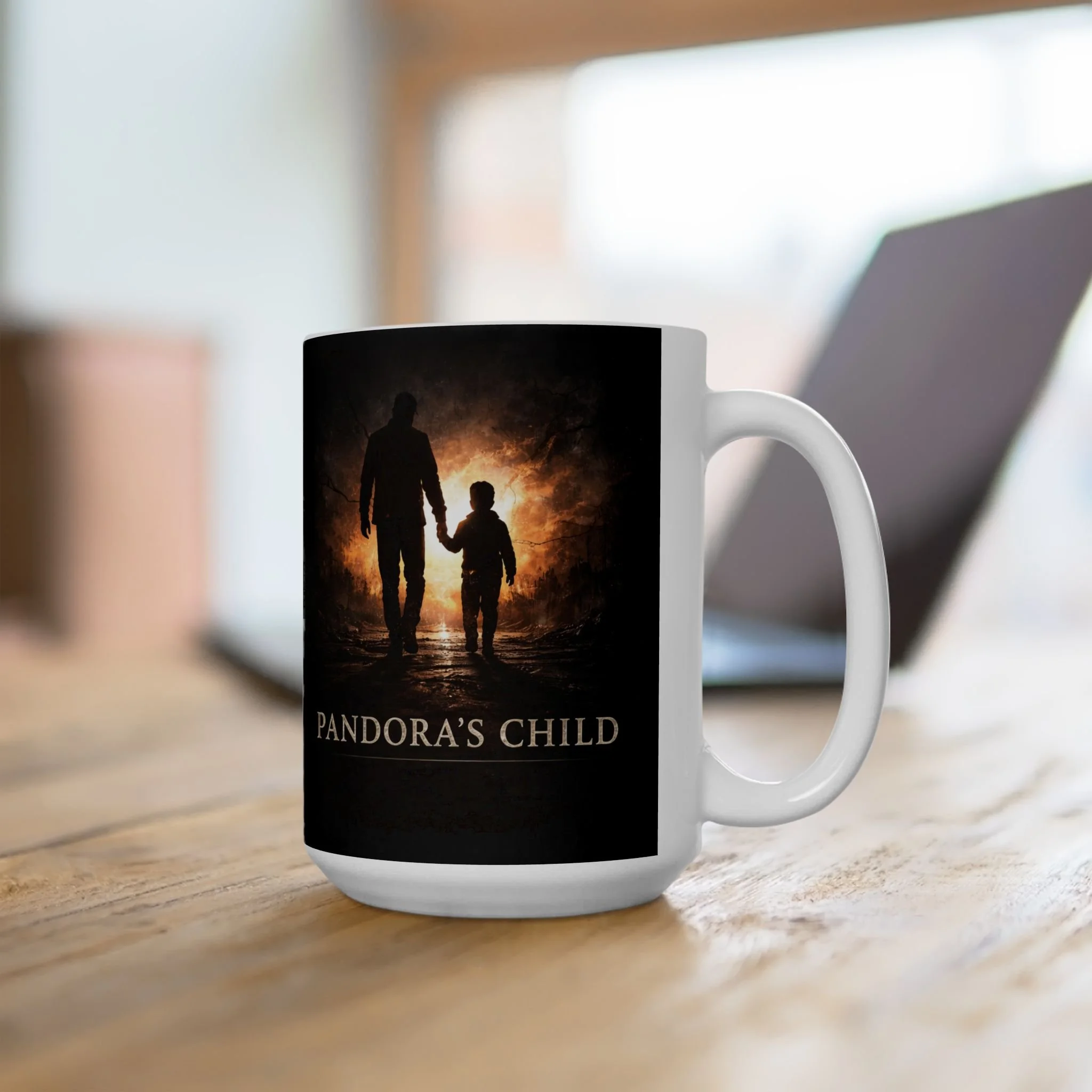 Pandora’s Child Forest Portal 15 oz mug in the supplier desk and laptop setting; props are not included.