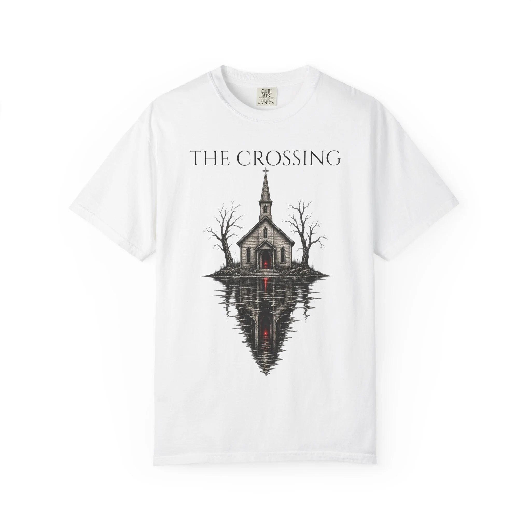 White The Crossing Sanctuary T-shirt with a large church-and-reflection illustration, red doorway and title lettering.