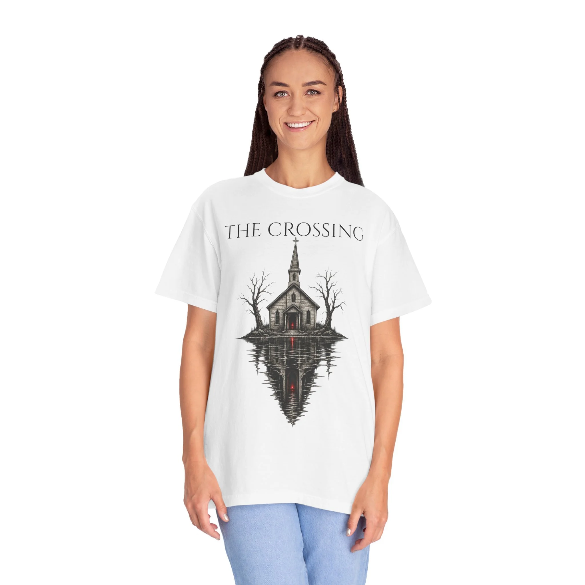 The Crossing graphic tee — White on female model