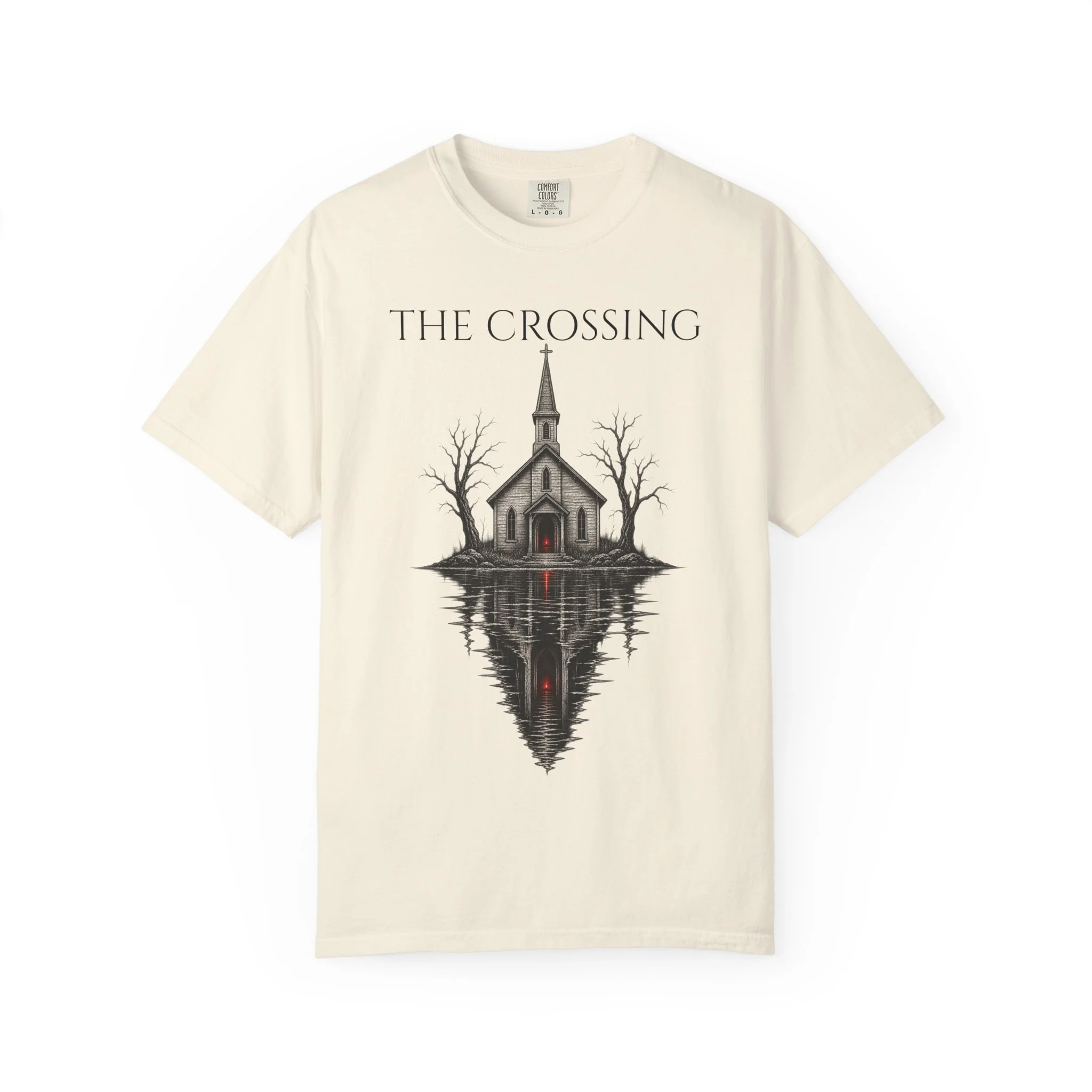 The Crossing graphic tee — Ivory front, sanctuary engraving