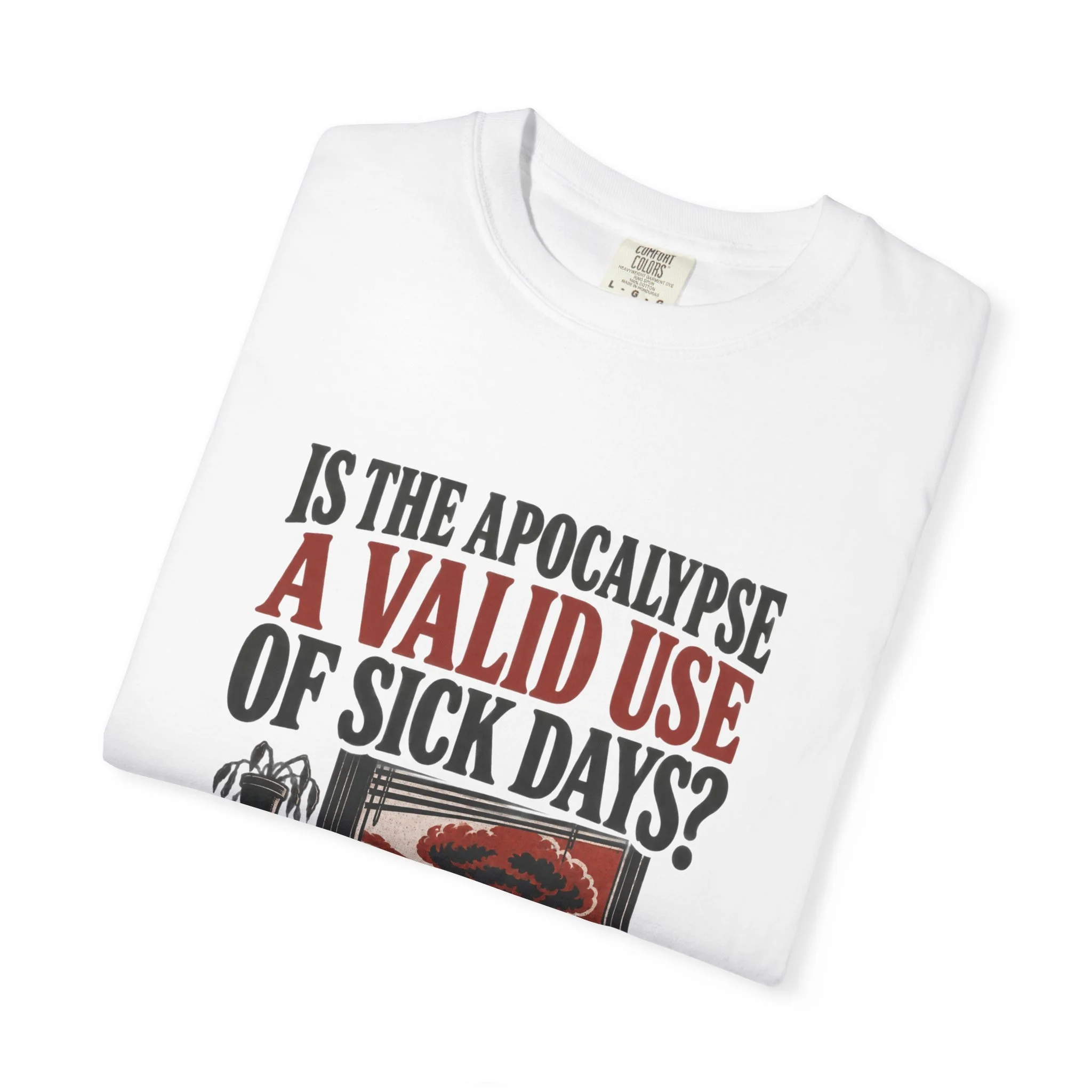 Apocalypse graphic tee — White folded artwork closeup