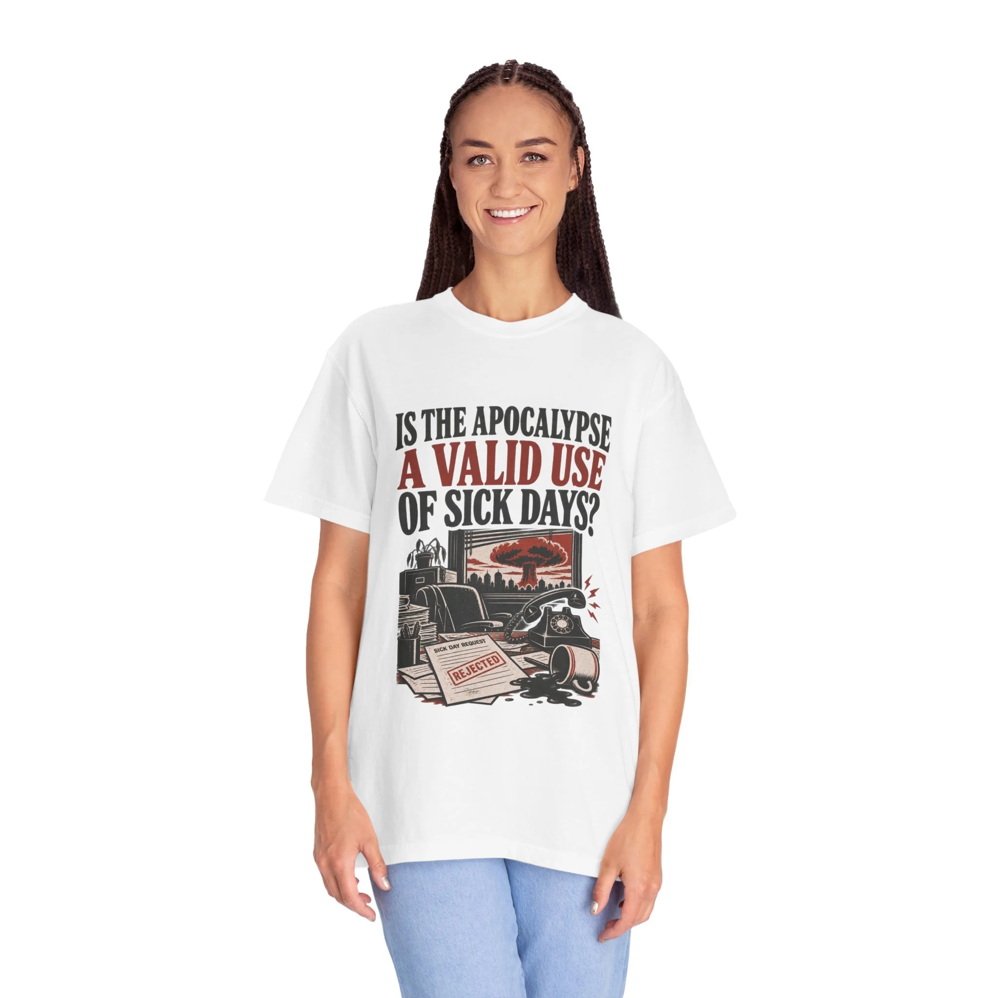 Apocalypse graphic tee — White on female model