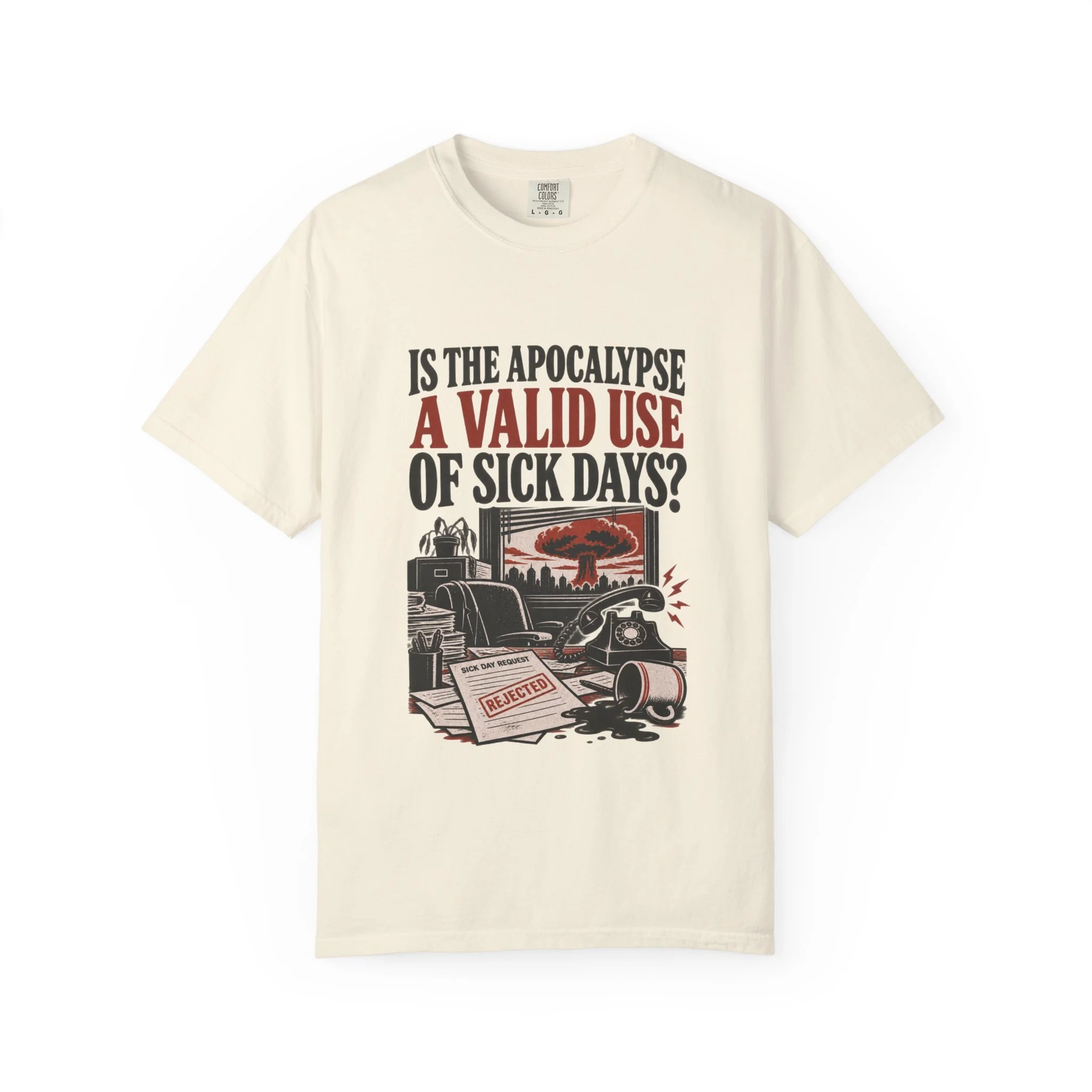 Apocalypse graphic tee — Ivory front, full question and office artwork