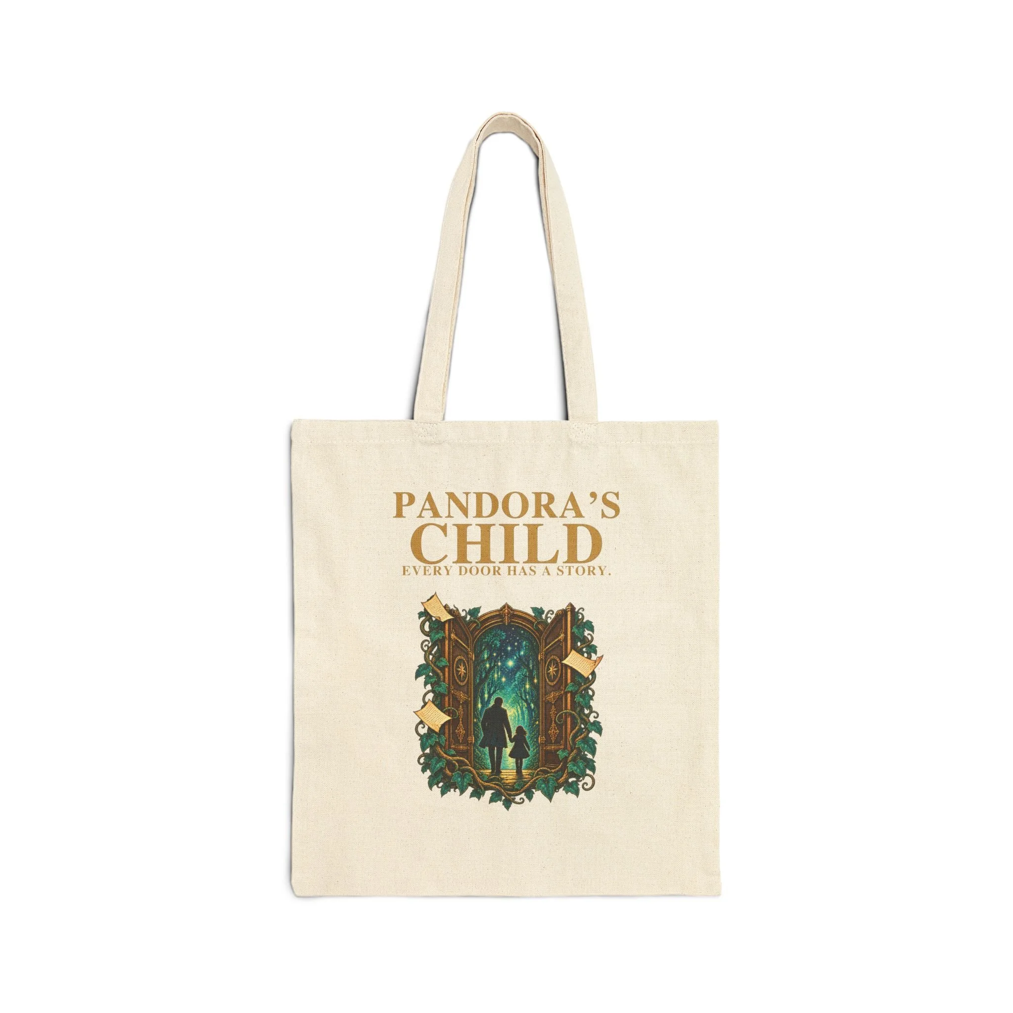 Natural canvas Pandora’s Child Every Door reader tote with a father and child at a library doorway opening into a star-lit forest, large title lettering and Every Door Has a Story text.