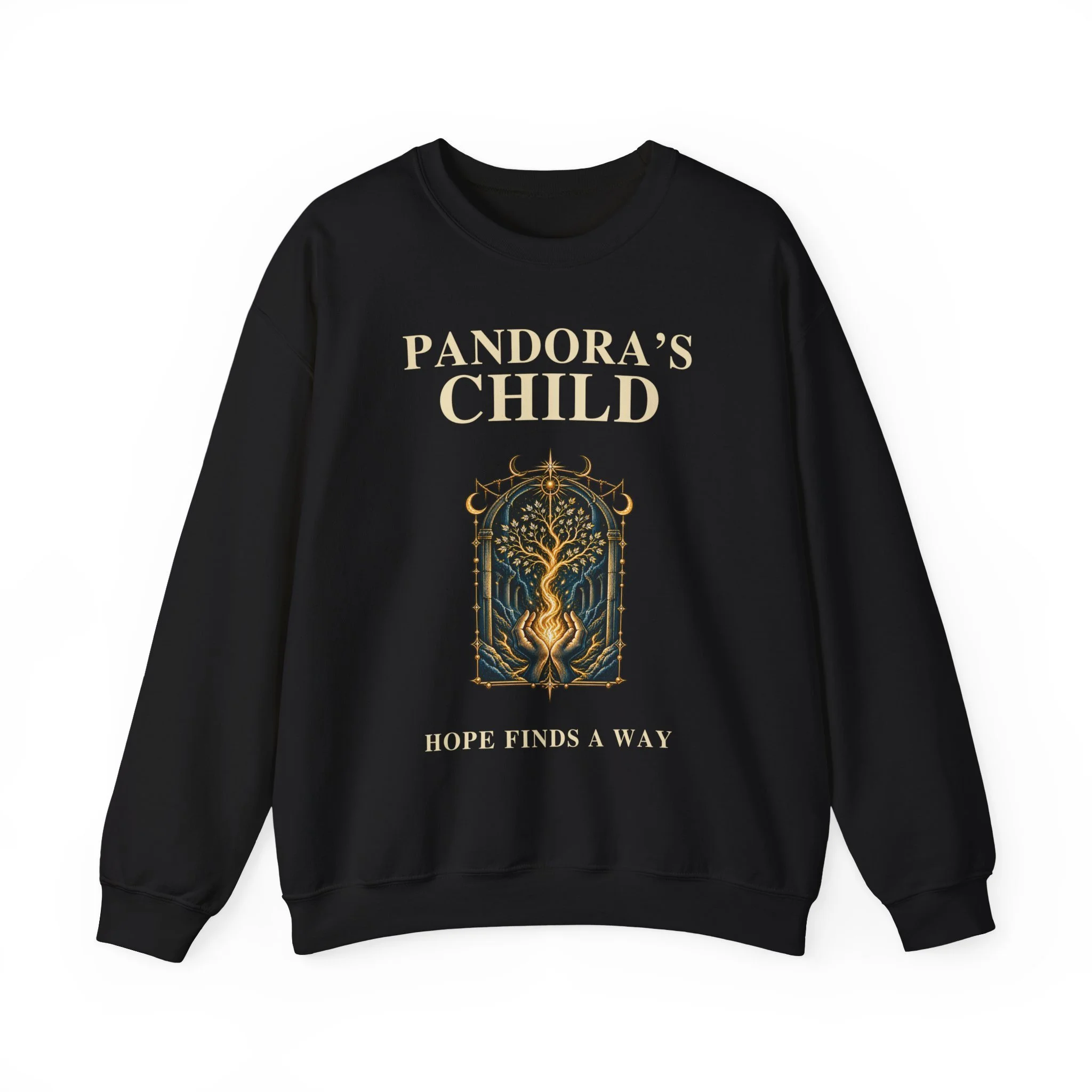 Front of the Black Pandora’s Child sweatshirt with complete enlarged title, tree-and-flame graphic and Hope Finds a Way wording.