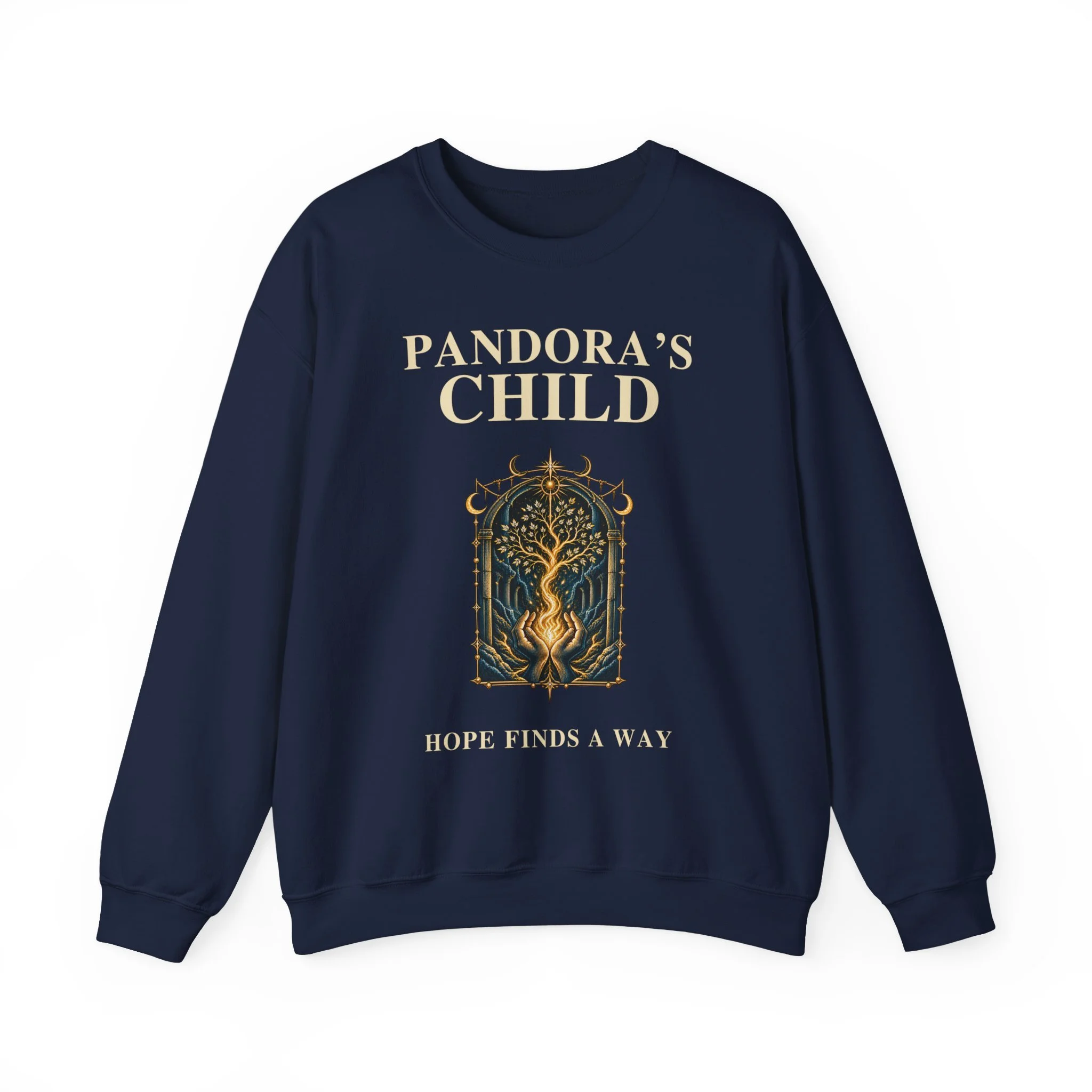 Front of the Navy Pandora’s Child sweatshirt with complete enlarged tree-and-flame artwork and wording.