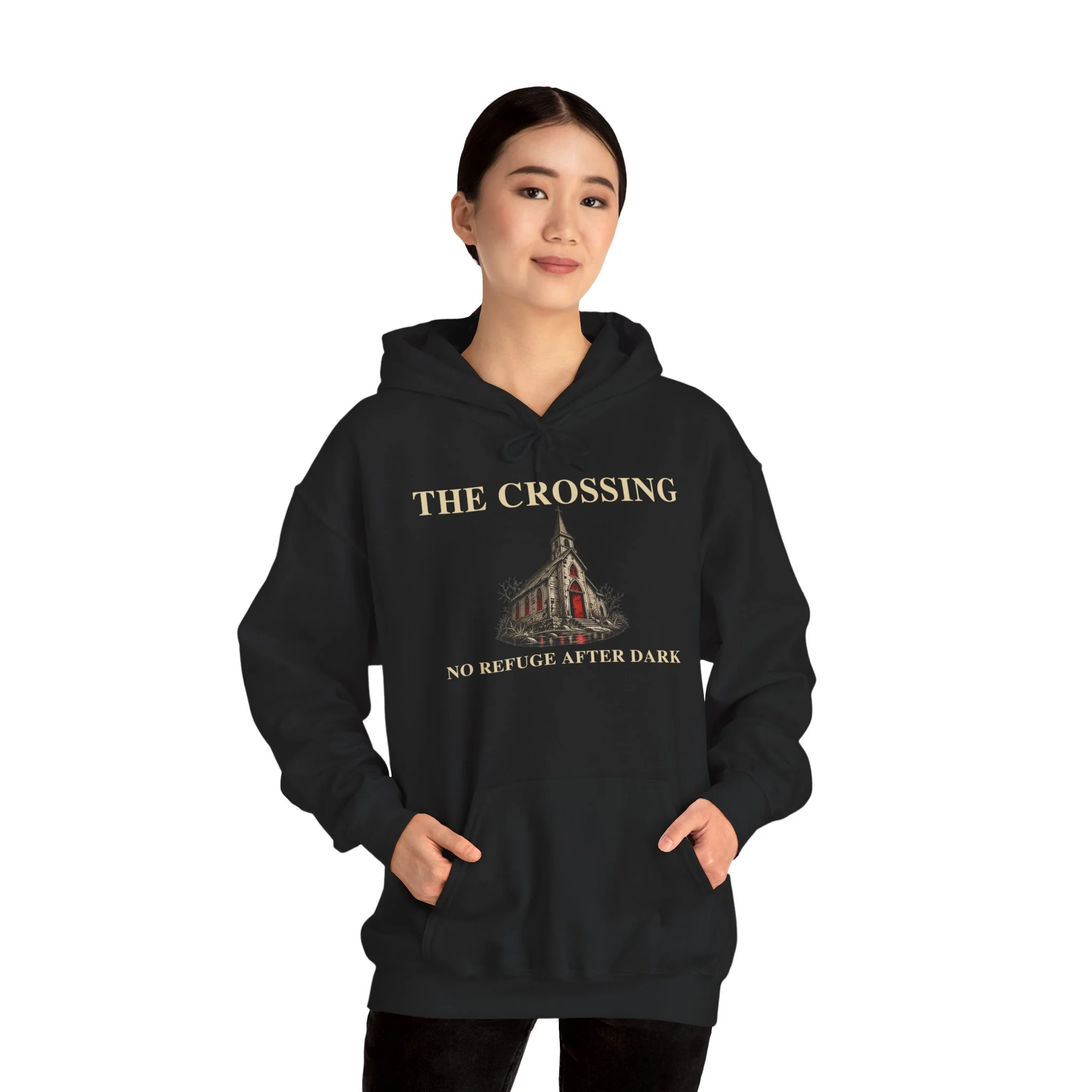 Black No Refuge hoodie modeled from the front with enlarged The Crossing church artwork and complete No Refuge After Dark wording.