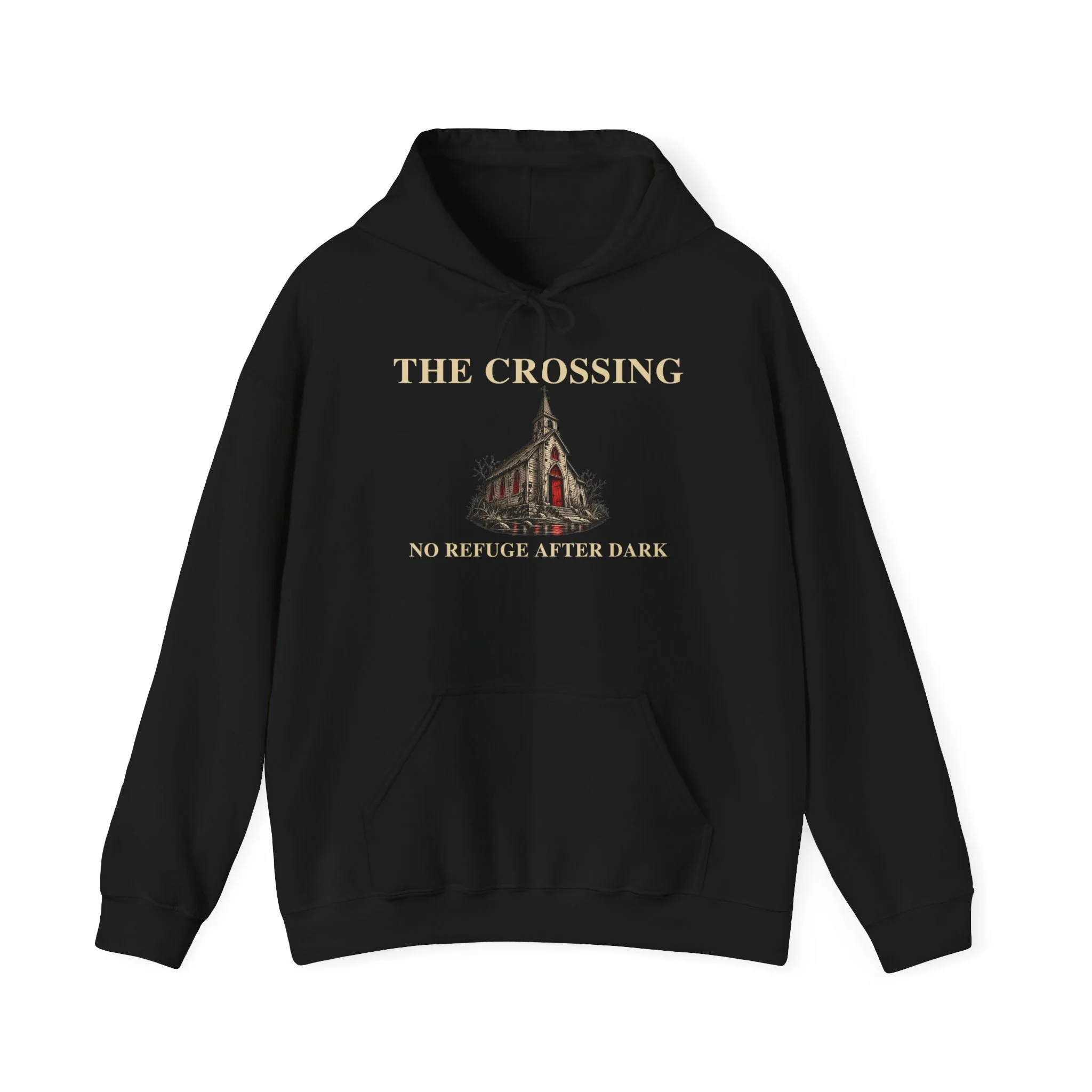 Front of the Black Gildan 18500 hoodie showing enlarged church artwork and complete The Crossing and No Refuge After Dark wording.