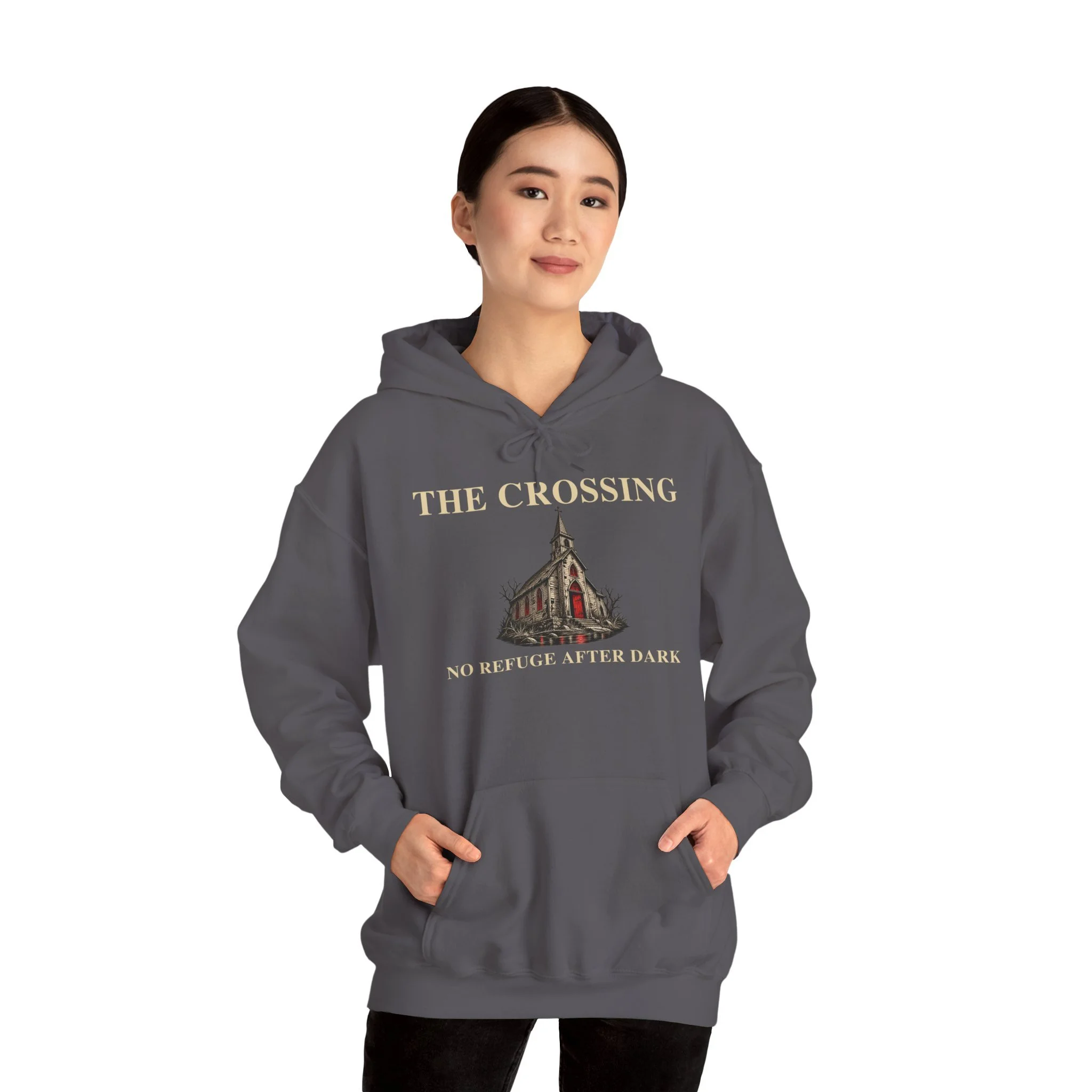 Charcoal No Refuge hoodie modeled from the front with complete enlarged church artwork and wording.
