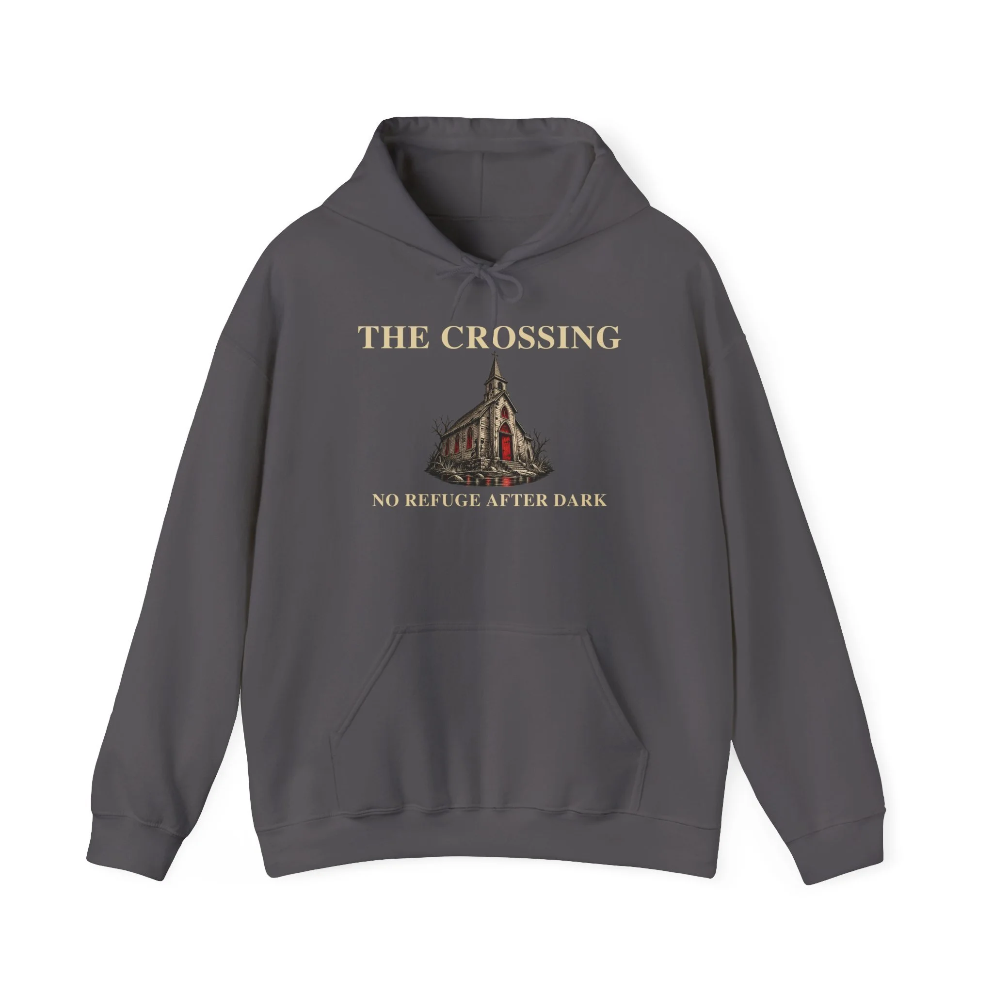 Front of the Charcoal Gildan 18500 hoodie with enlarged The Crossing church artwork above the kangaroo pocket.